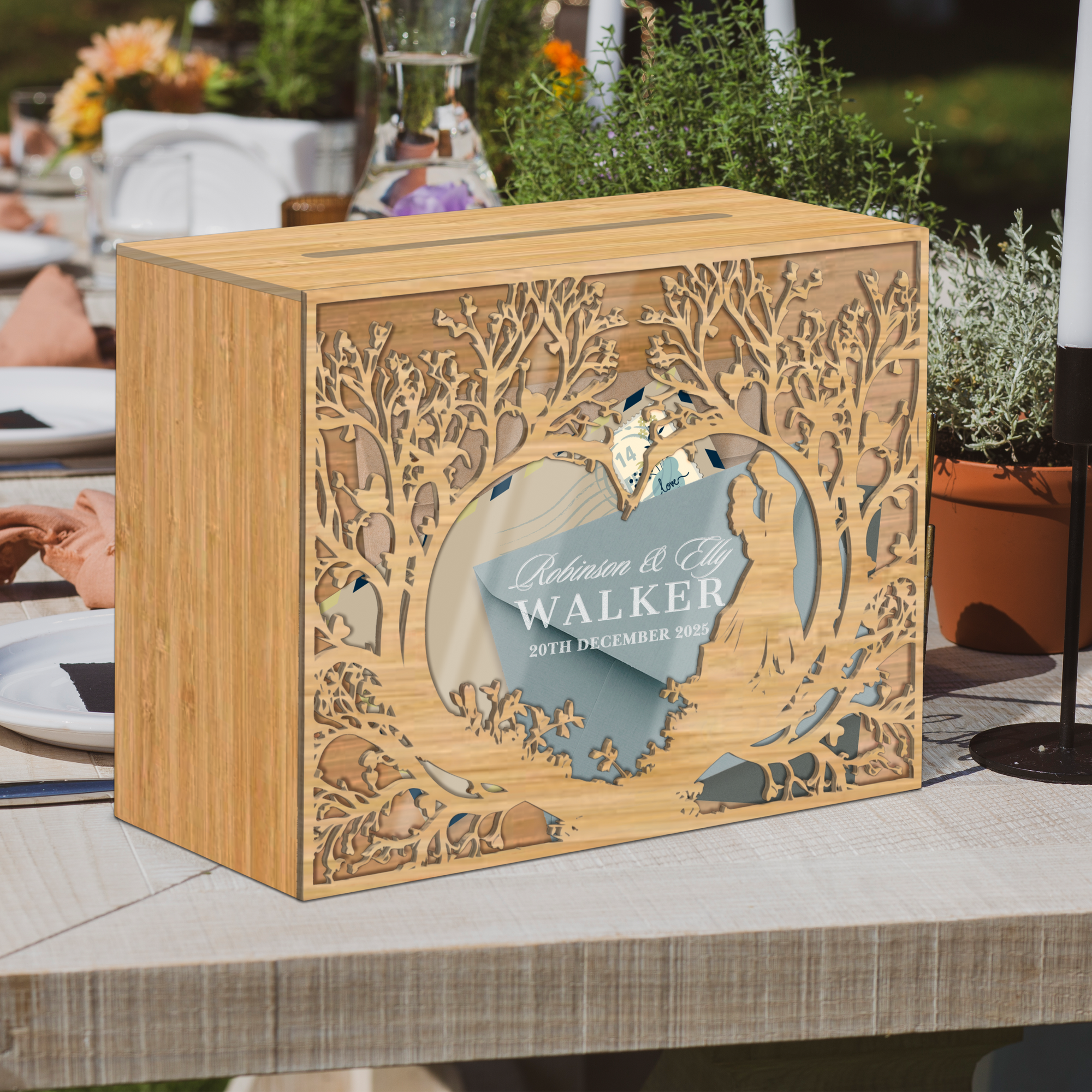 Custom Plywood Acrylic Family Couple Under Tree Wishing Well Box & Sign, Personalised Name Money Envelope, Card Wedding Memory Keepsake Gift