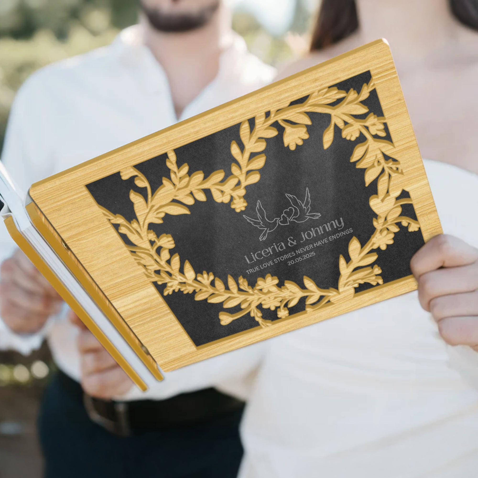 Custom Wooden Laser Cut Cover & Engraved Acrylic Wedding Guest Book, Personalised Traditional Pattern Guestbook Keepsake, Rustic Party Decor
