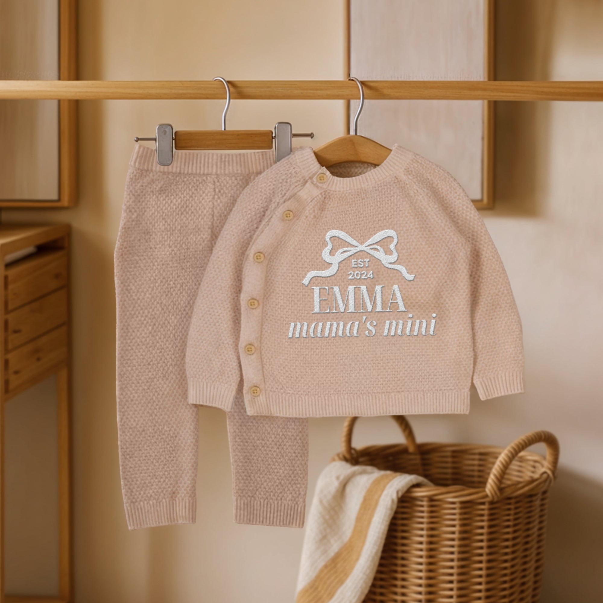 Custom Embroidered Knit Baby Name Long Top &amp; Pant Set, Personalised Pregnant Announcement Kid Clothing, Christening, Birthday, New Mom Gift