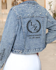 Custom Embroidered Bride Pearl Denim Jacket, Personalised Embroidery Name Date LGBT Wedding Future Mrs Bridesmaid/ Honeymoon Hens Party Gift