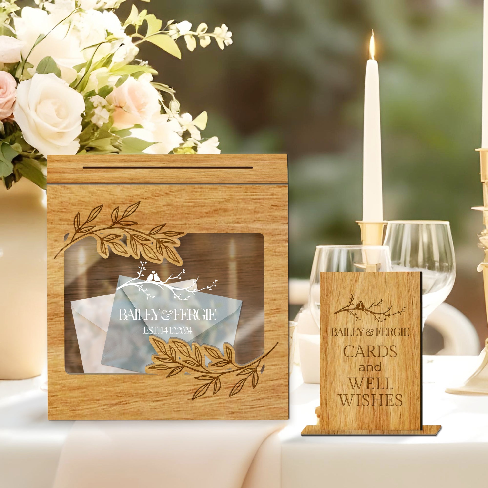 Custom Wooden Acrylic Square Wishing Well Box &amp; Sign, Personalised Name Date Money, Envelope Card Boxes, Rustic Wedding Memory Keepsake Gift