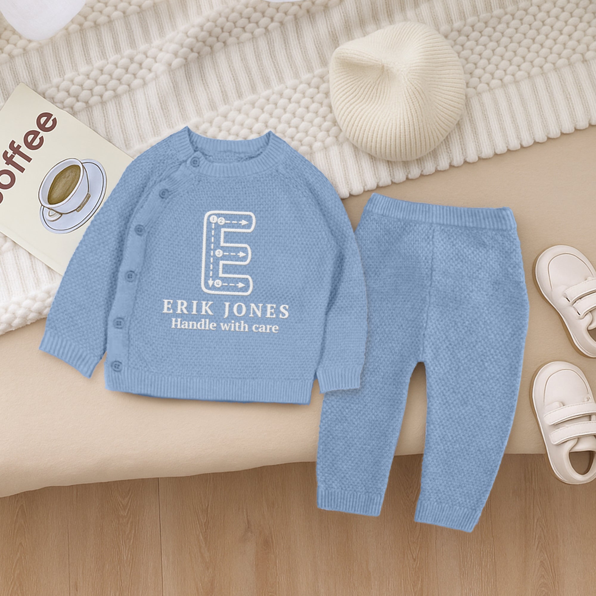 Custom Embroidered Knit Baby Name Long Top & Pant Set, Personalised Pregnant Announcement Kid Clothing, Christening, Birthday, New Mom Gift