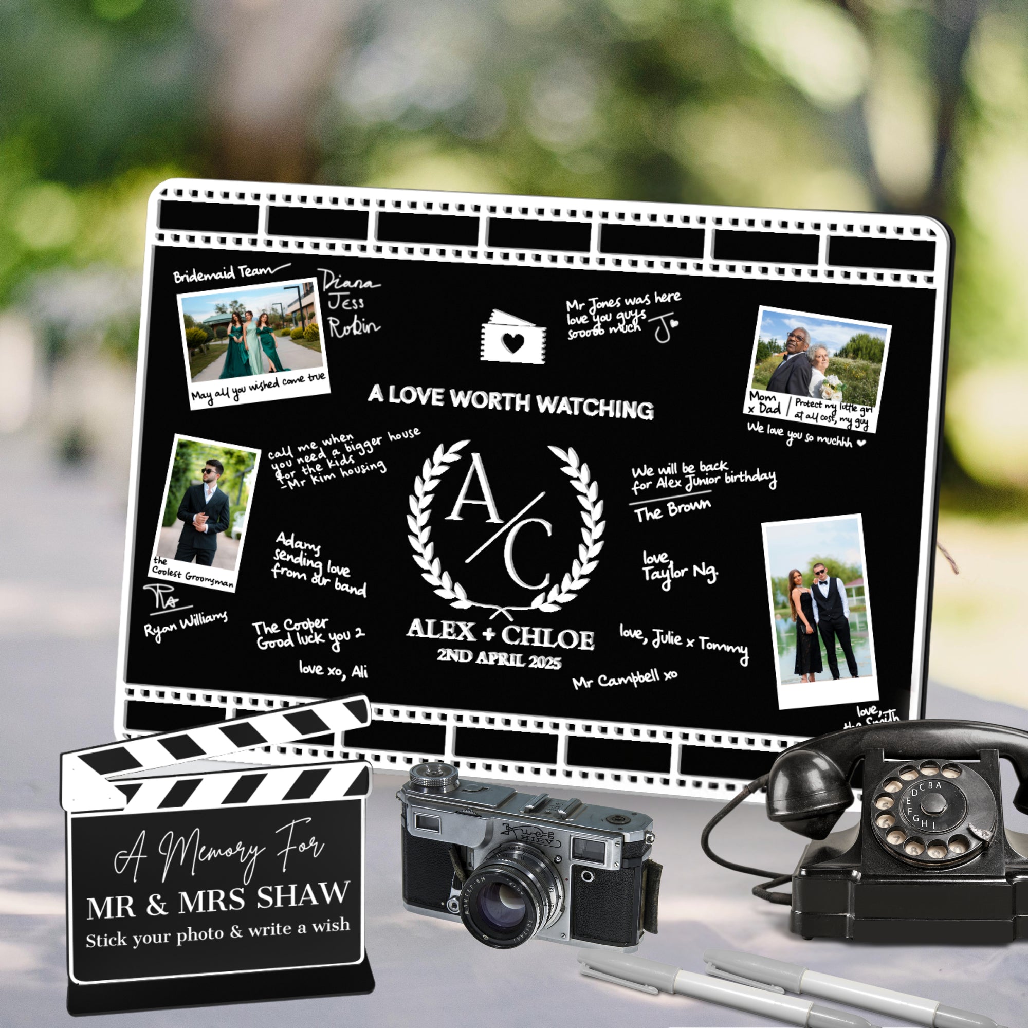 Custom 3D Acrylic Black Wedding Cinefilm Guest Book Alternative, Personalised Couple Name &amp; Date Instax Polaroid Photo Sign, Welcome Signage