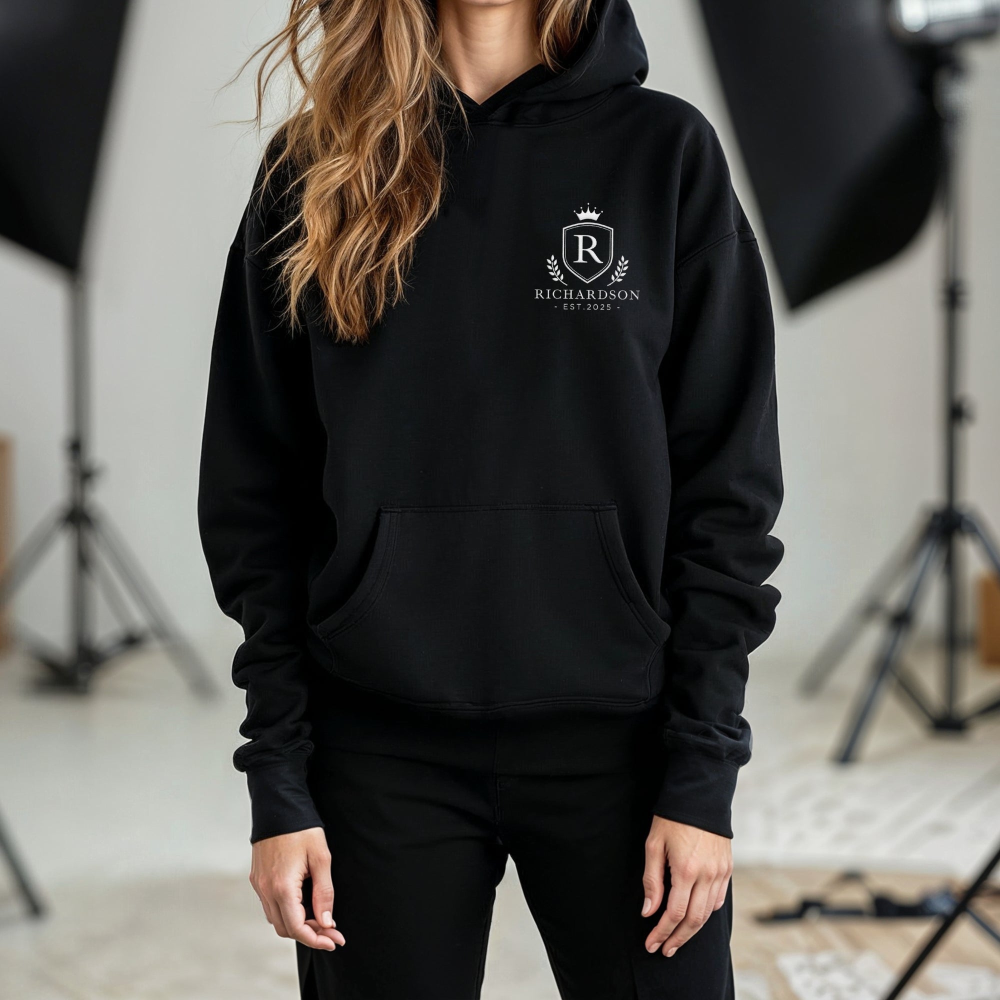 Custom Embroidered 520gsm Heavyweight Unisex Black Hoodie with Pocket, Personalised Sweatshirt