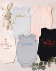 Custom Embroidered Baby Name Sleeveless Bodysuit, Personalised Pregnancy Announcement Onesies, Christening Keepsake, Birthday Shower Gift