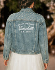 Custom Embroidered Bride Pearl Denim Jacket, Personalised Embroidery Name Date LGBT Wedding Future Mrs Bridesmaid/ Honeymoon Hens Party Gift