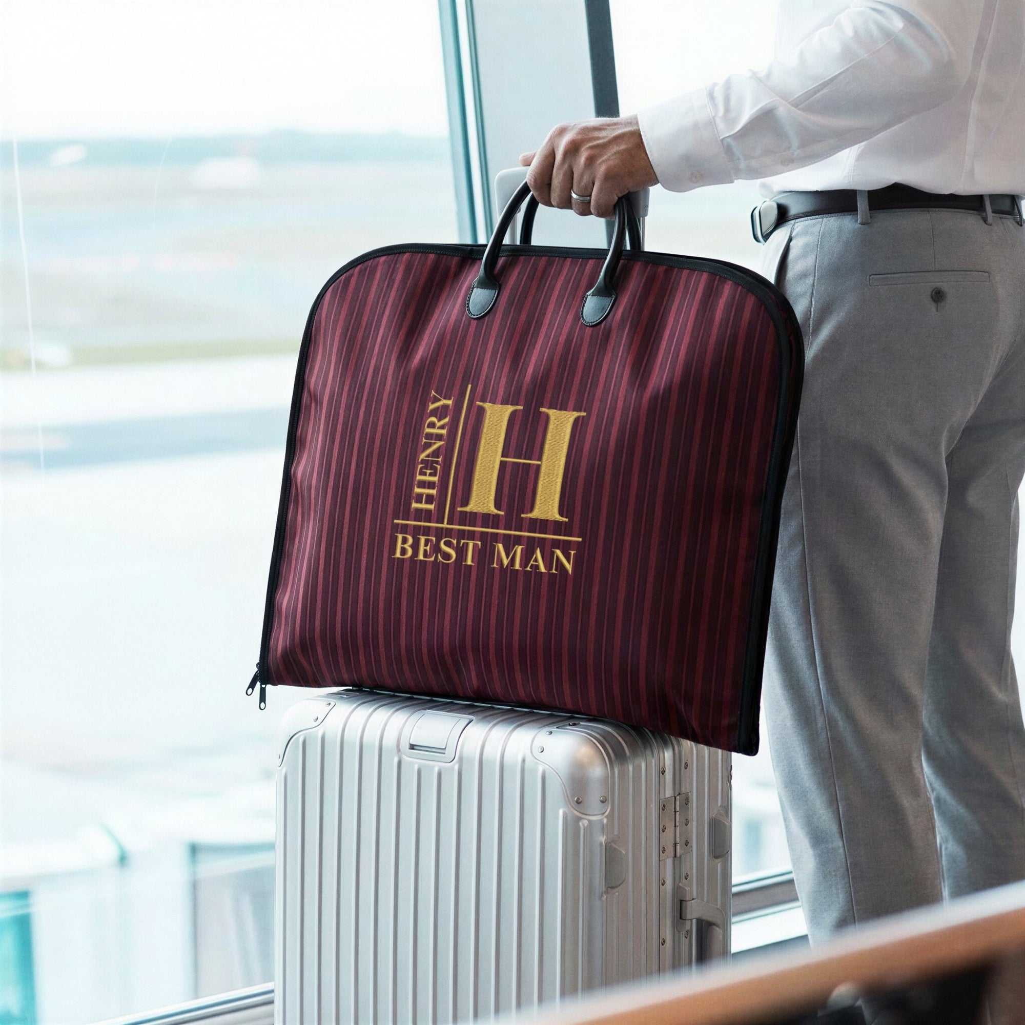 Custom Embroidered Carry Striped Suit Bag Personalised Travel Garment Zipper Storage, Business Vest Formal Clothing Organiser Groomsman Gift