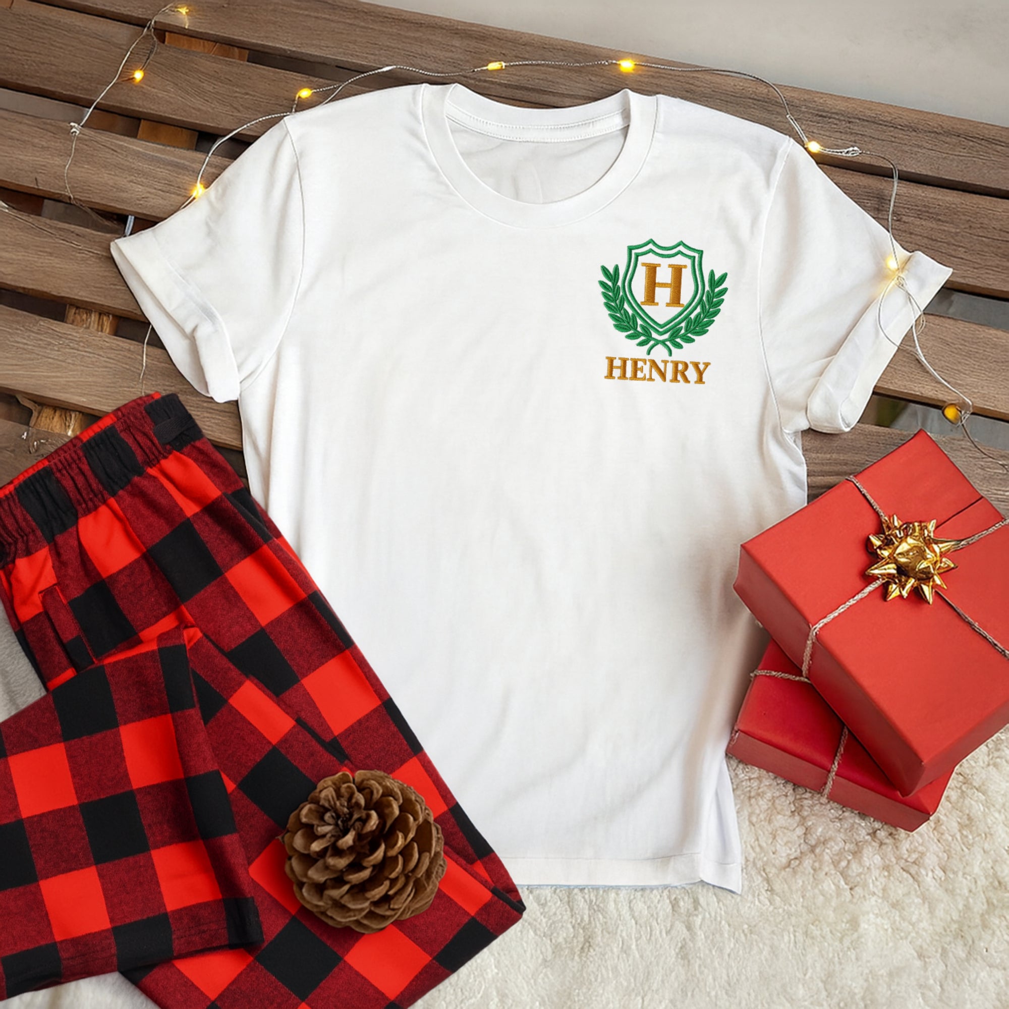 Custom Embroidered Christmas PJ Set, Personalised Name White T-shirt & Red Black Plaid Pants Couple Match Xmas Pyjama Festive Holiday Outfit