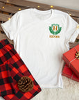 Custom Embroidered Christmas PJ Set, Personalised Name White T-shirt & Red Black Plaid Pants Couple Match Xmas Pyjama Festive Holiday Outfit