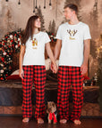 Custom Embroidered Christmas PJ Set, Personalised Name White T-shirt & Red Black Plaid Pants Couple Match Xmas Pyjama Festive Holiday Outfit