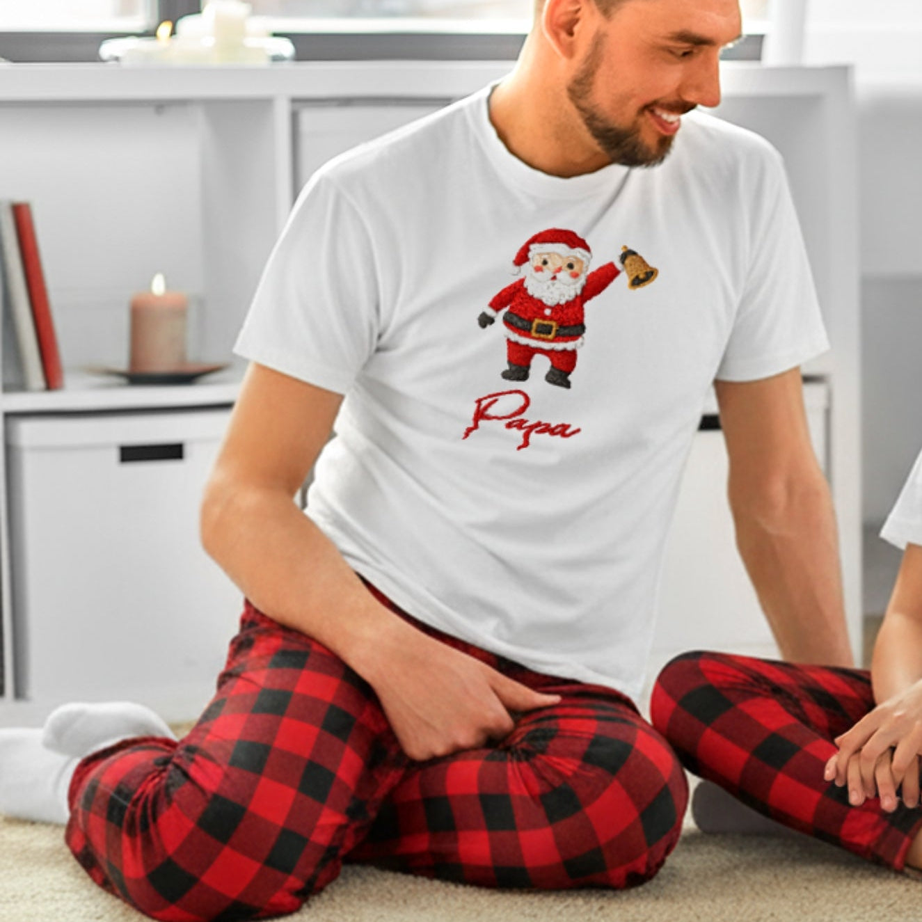 Custom Embroidered Christmas PJ Set, Personalised Name White T-shirt &amp; Red Black Plaid Pants Couple Match Xmas Pyjama Festive Holiday Outfit