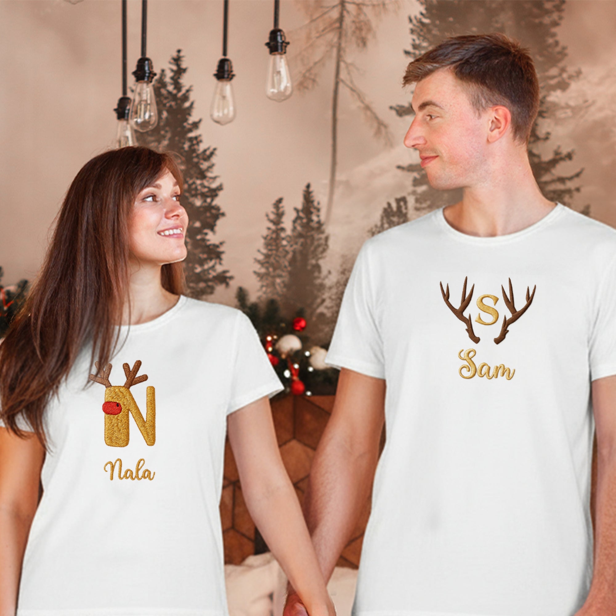 Custom Embroidered Family Christmas White T-Shirt, Personalised Name Matching Xmas Tee Women, Men, Kids Teens, Festive Decor, Holiday Outfit