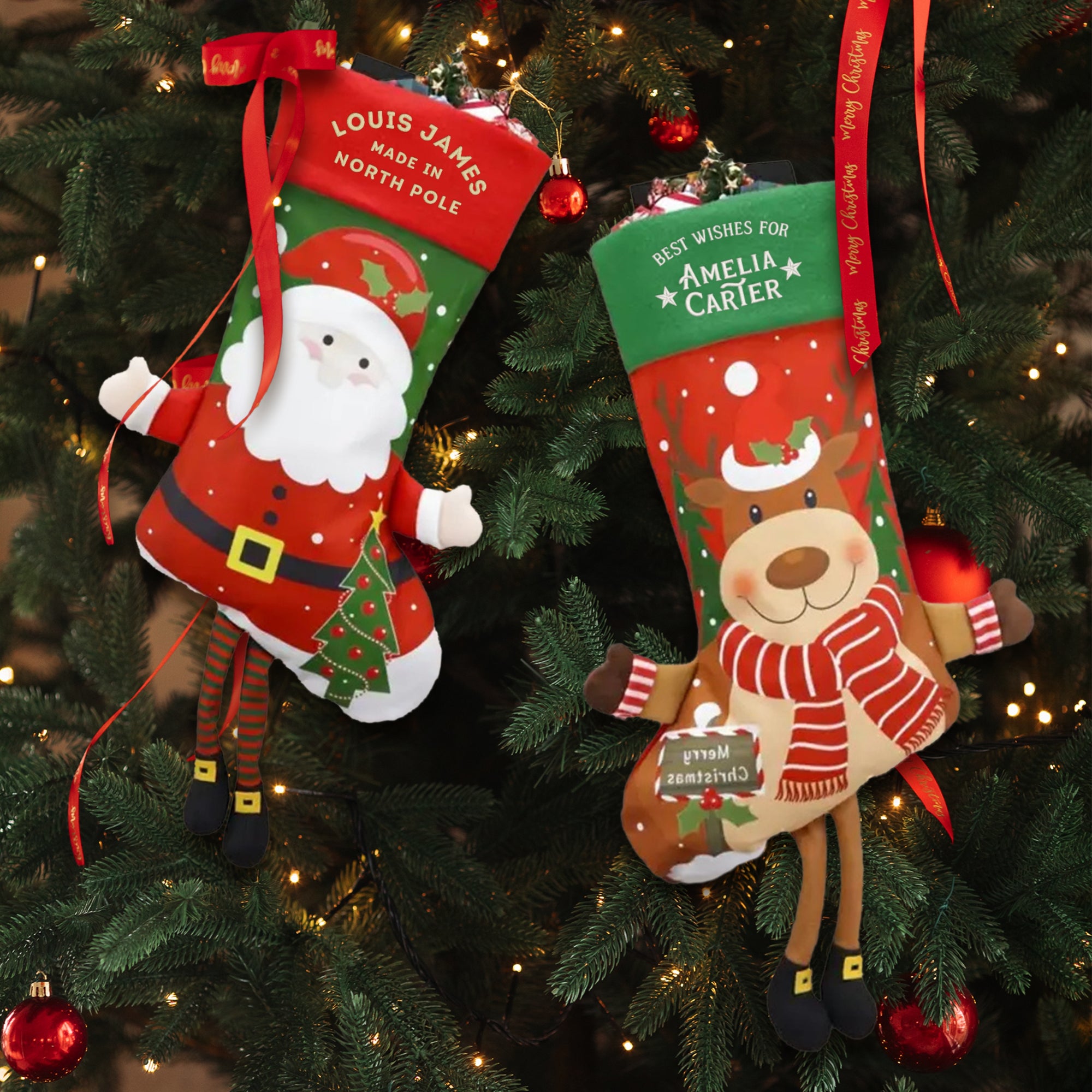 Custom Embroidered Festive Christmas Stocking, Personalised Merry Xmas Present Sock Santa Reindeer Holiday Decor Family Kid Gift Bag Storage