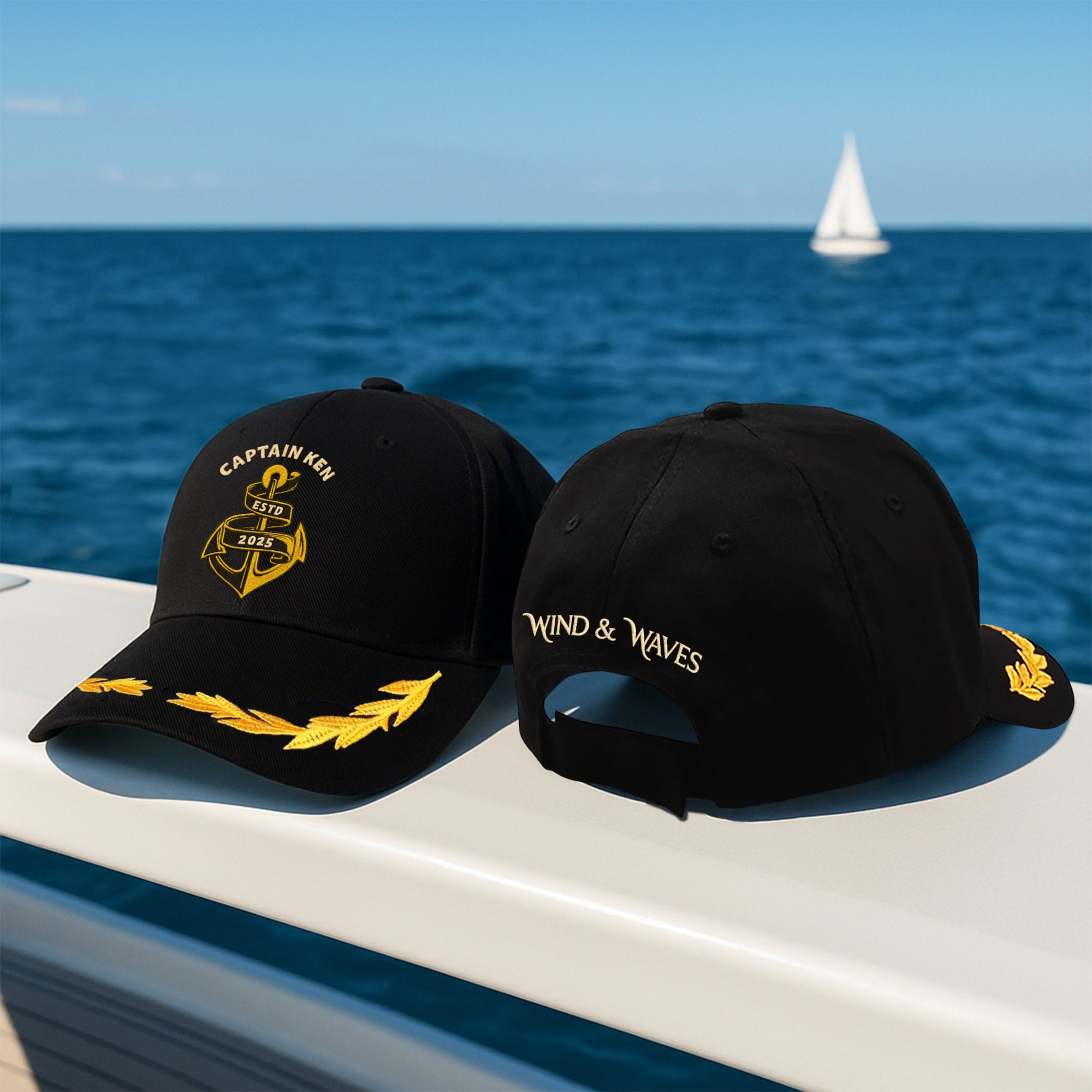 Custom Embroidered Gold Wreath Captain Cap, Personalised Nautica Sailing Hat Travel Yacht Crew Wedding Party Bridesmaid Groomsman Favor Gift