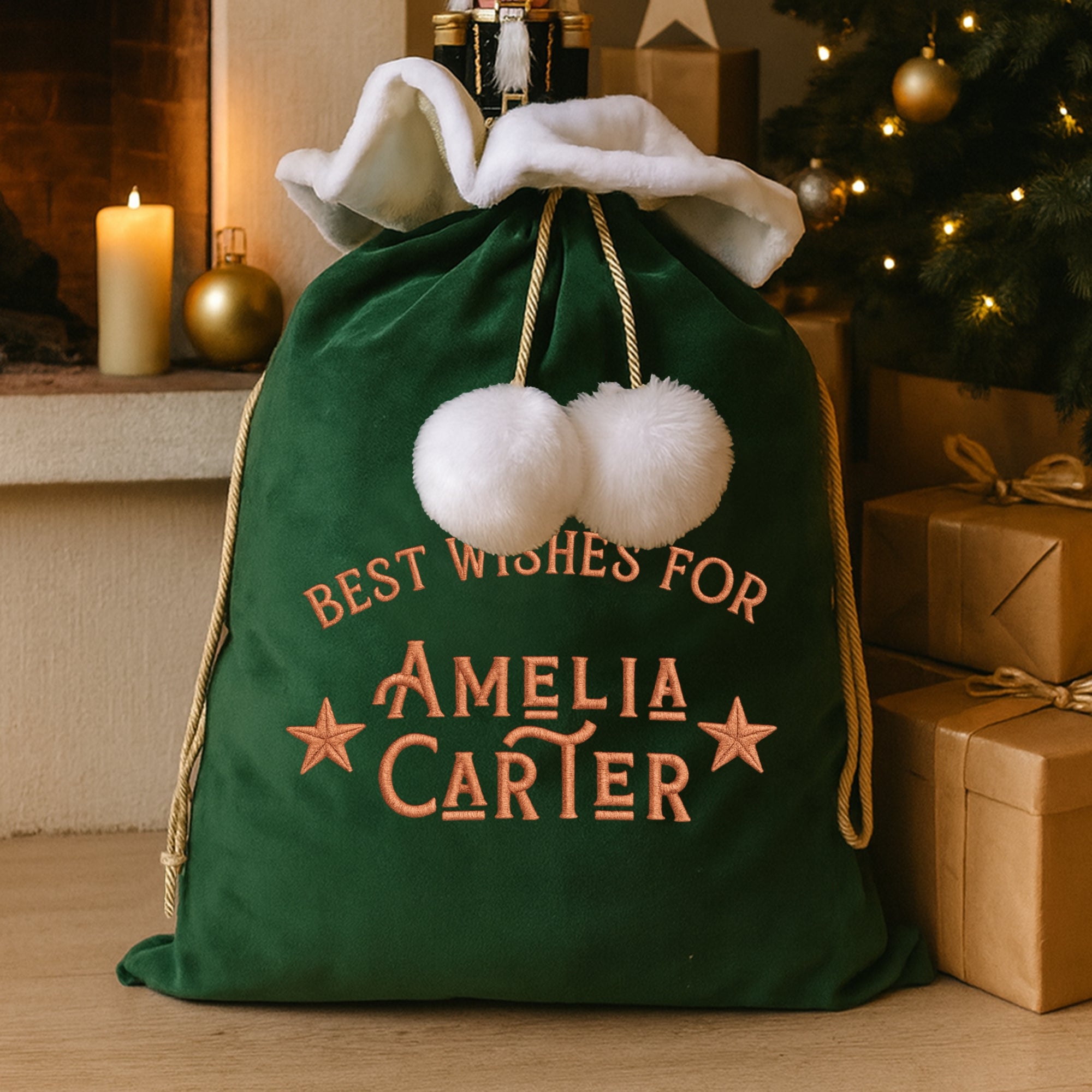 Custom Embroidered Pom Pom Velvet Christmas Bag, Personalised Xmas Present Santa Sack Holiday Decor Family Kid Gift Drawstring Pouch Storage