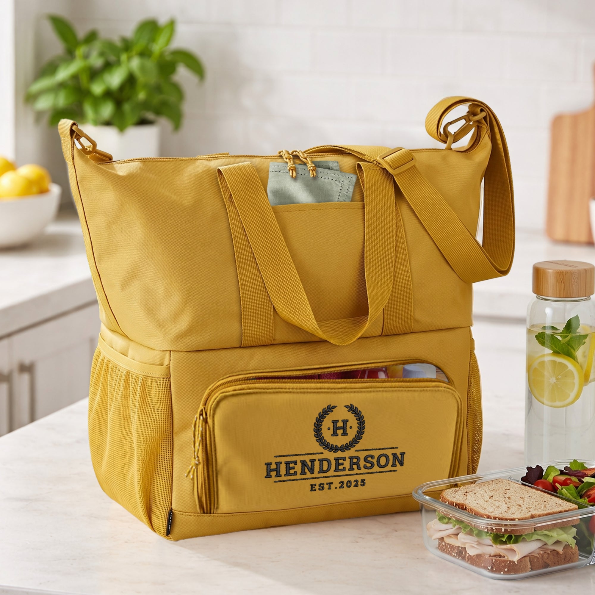 Custom Embroidered Insulated Picnic Cooler Bag &amp; Shoulder Strap, Handles; Personalised Camping, Beach, Boating Trip Concert, Grocery Storage