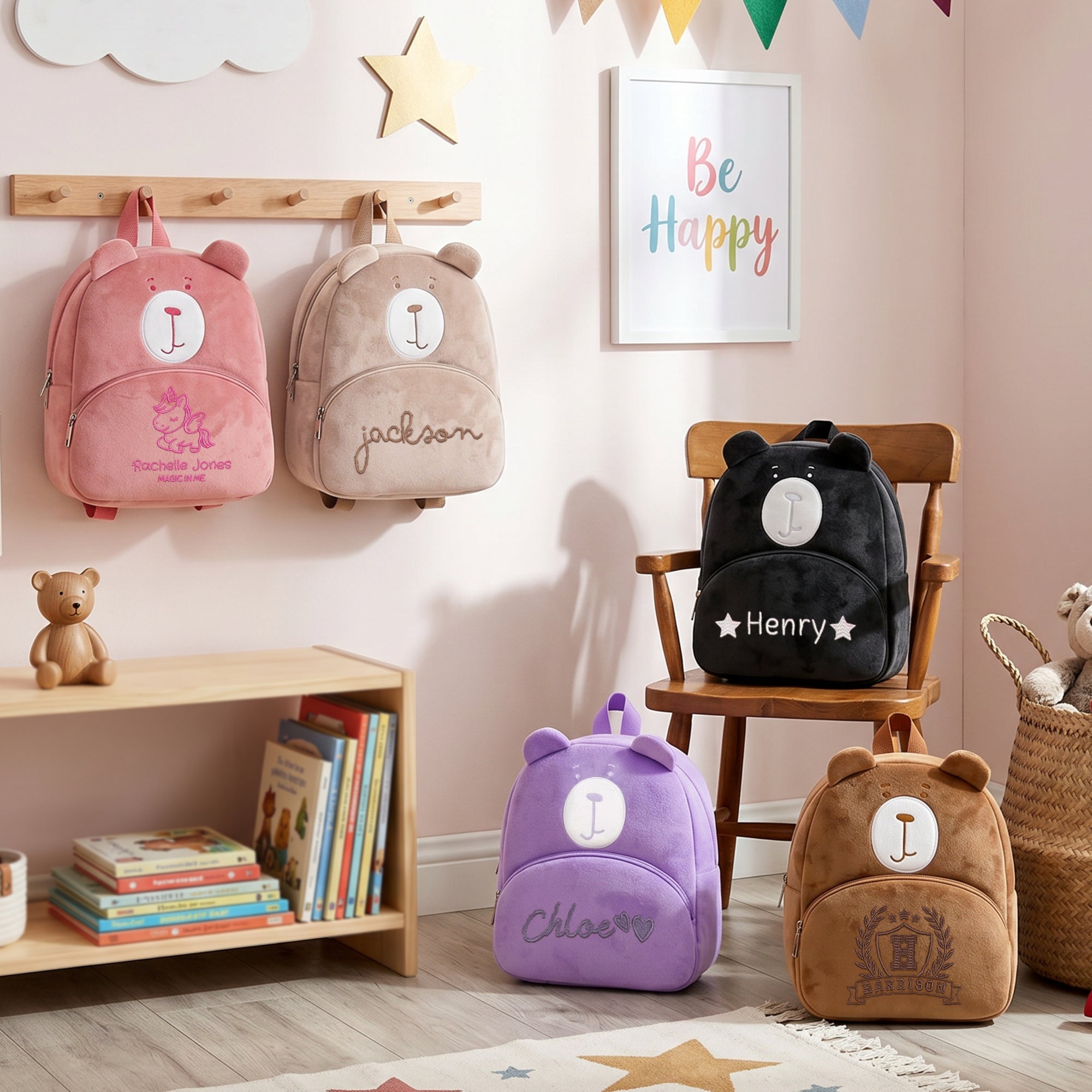 Custom Embroidered Kids Bear Backpack, Personalised Name Zipper Toddler Kindergarten School Bag, First Birthday Gift, Baby Baptism Keepsake