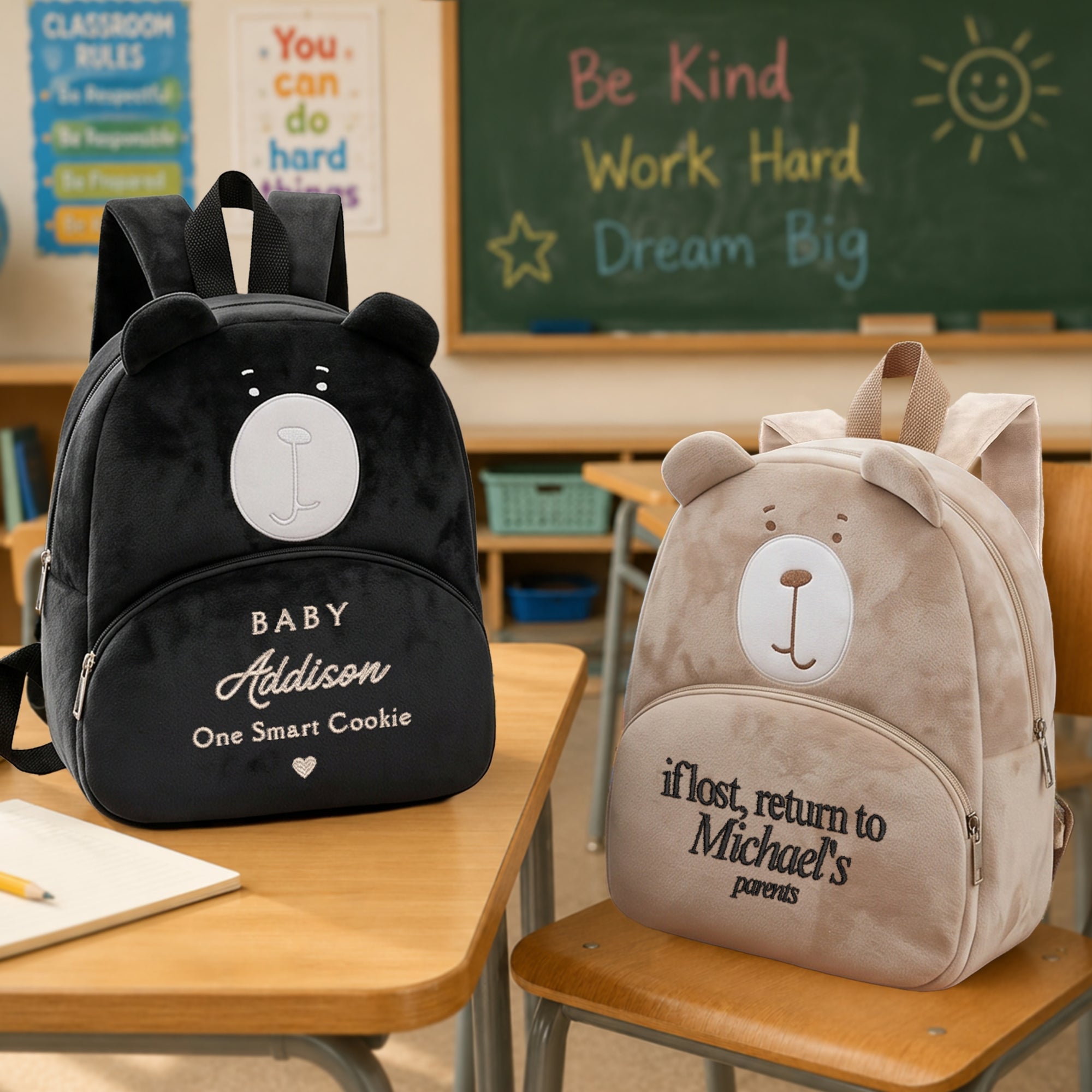 Custom Embroidered Kids Bear Backpack, Personalised Name Zipper Toddler Kindergarten School Bag, First Birthday Gift, Baby Baptism Keepsake
