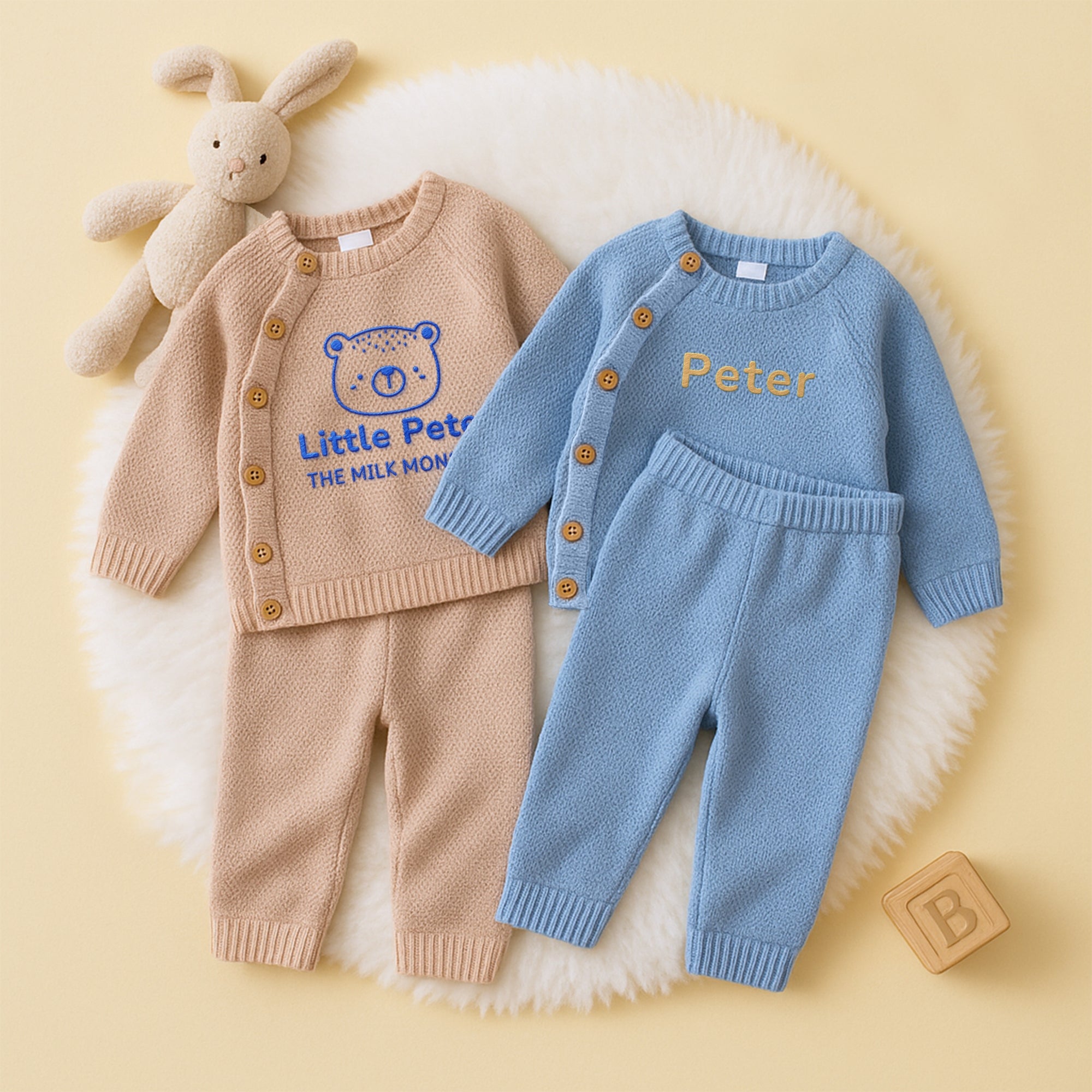 Custom Embroidered Knit Baby Name Long Top & Pant Set, Personalised Pregnant Announcement Kid Clothing, Christening, Birthday, New Mom Gift