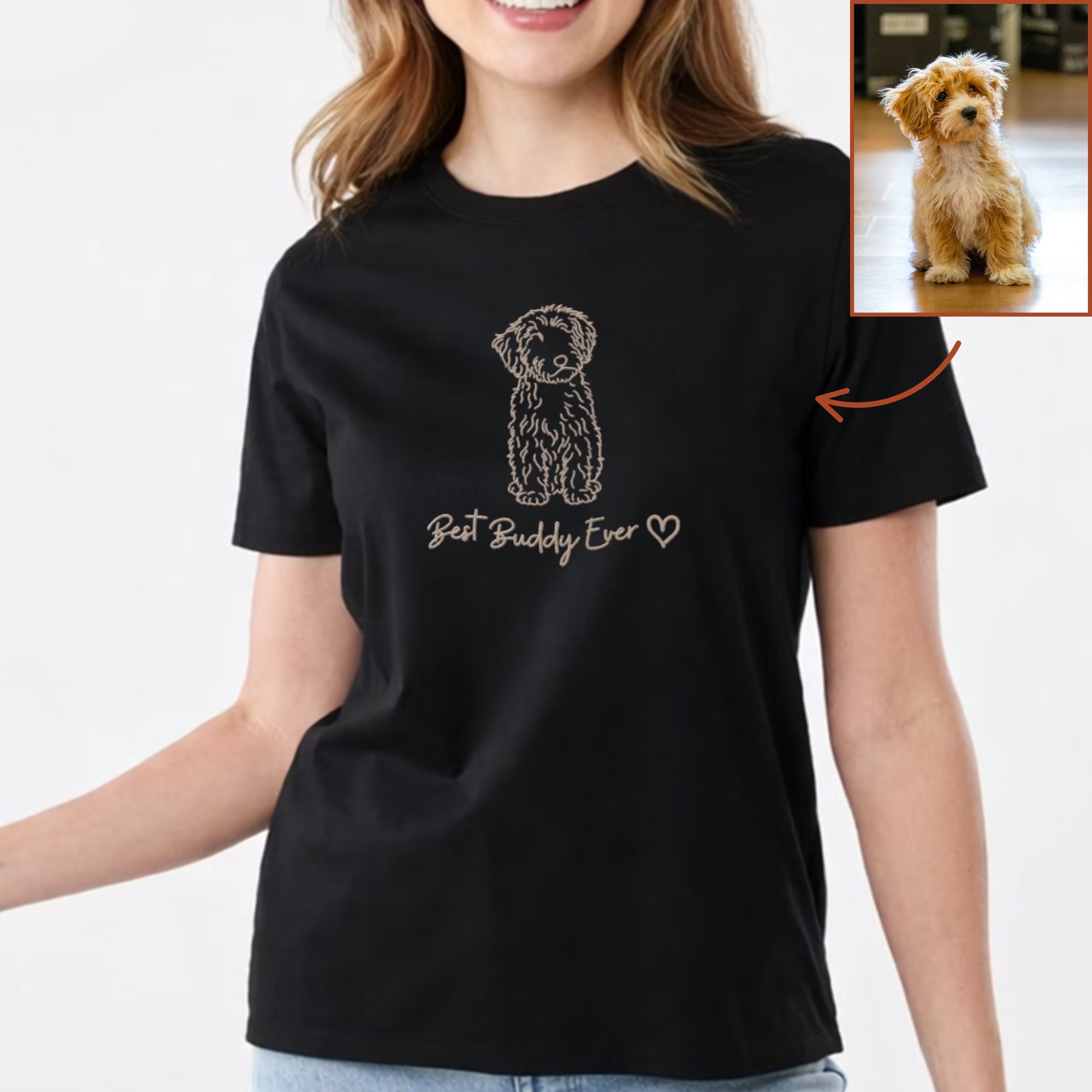 Custom Embroidered Photo Outline T-shirt, Personalised Pet Portrait, Logo Business Crewneck Tee, Family Kid Couple Birthday Anniversary Gift