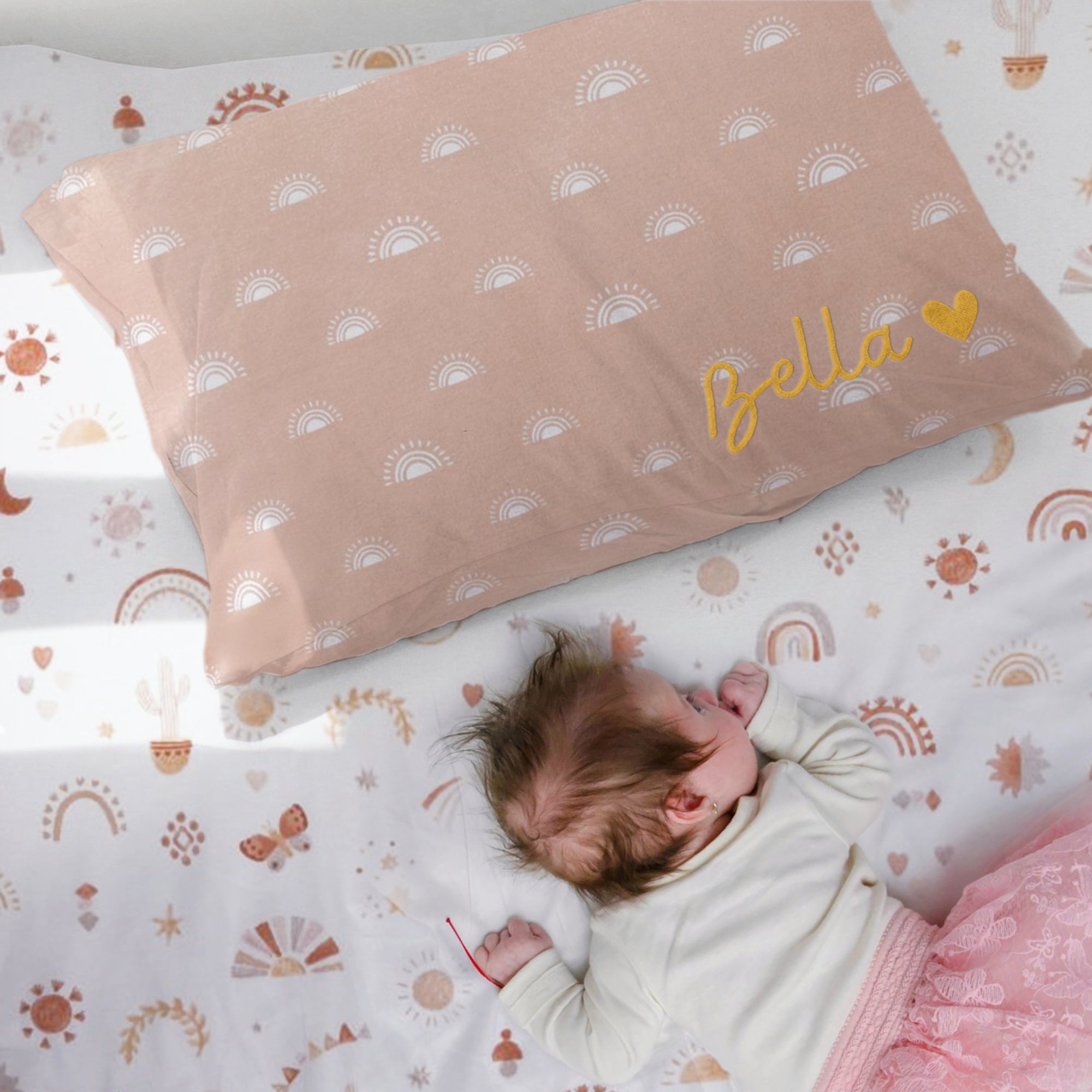 Custom Embroidered Organic Pillowcase & Port-a-Cot Sheet Set, Personalised Infant Baby Girl Name Crib Sleep Cover, Christening Birthday Gift