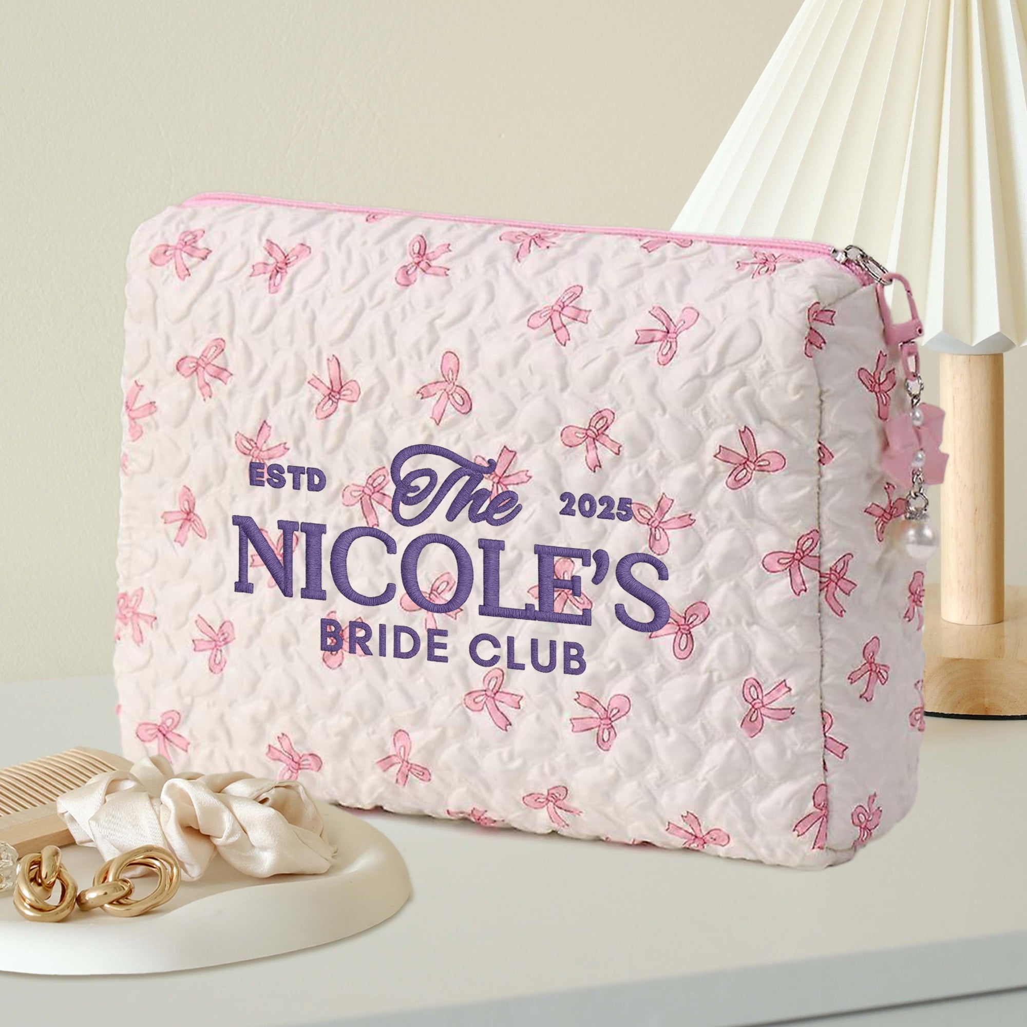 Custom Embroidered Pink Bow Quilted Makeup Bag Set, Personalised Cosmetic Pouch Travel Toiletry Storage, Bridesmaid Destination Wedding Gift