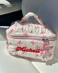 Custom Embroidered Pink Bow Quilted Makeup Bag Set, Personalised Cosmetic Pouch Travel Toiletry Storage, Bridesmaid Destination Wedding Gift