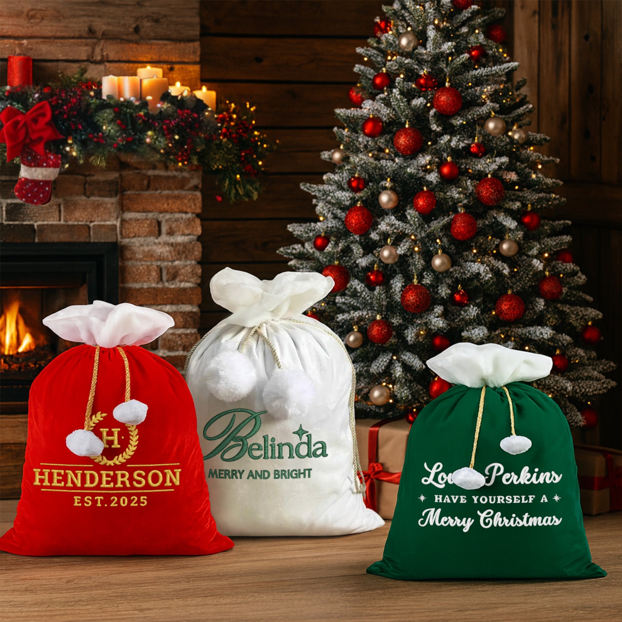 Custom Embroidered Pom Pom Velvet Christmas Bag, Personalised Xmas Present Santa Sack Holiday Decor Family Kid Gift Drawstring Pouch Storage