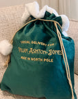 Custom Embroidered Pom Pom Velvet Christmas Bag, Personalised Xmas Present Santa Sack Holiday Decor Family Kid Gift Drawstring Pouch Storage