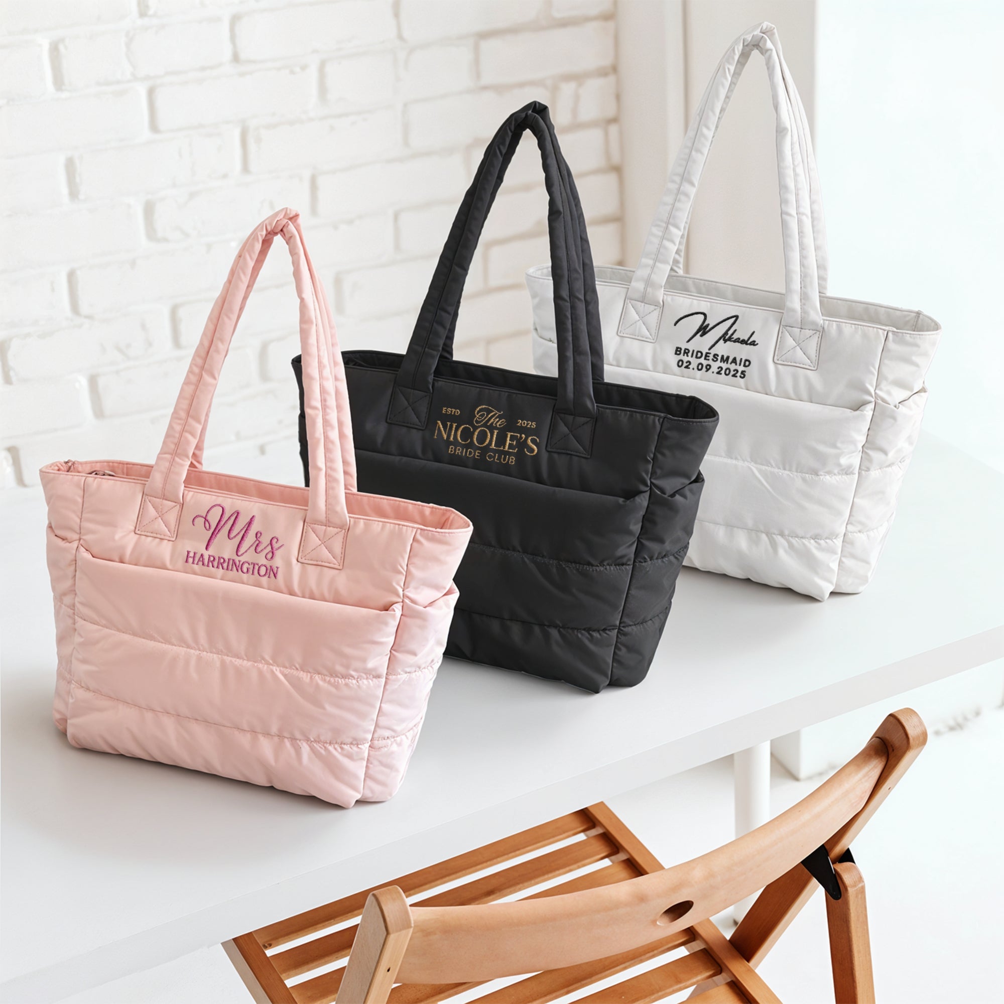 Custom Embroidered Quilted Tote &amp; Pouch Set, Personalised Travel/ Gym School Shoulder Puffer Bag, Bridesmaid, Mom, Xmas Logo Corporate Gift