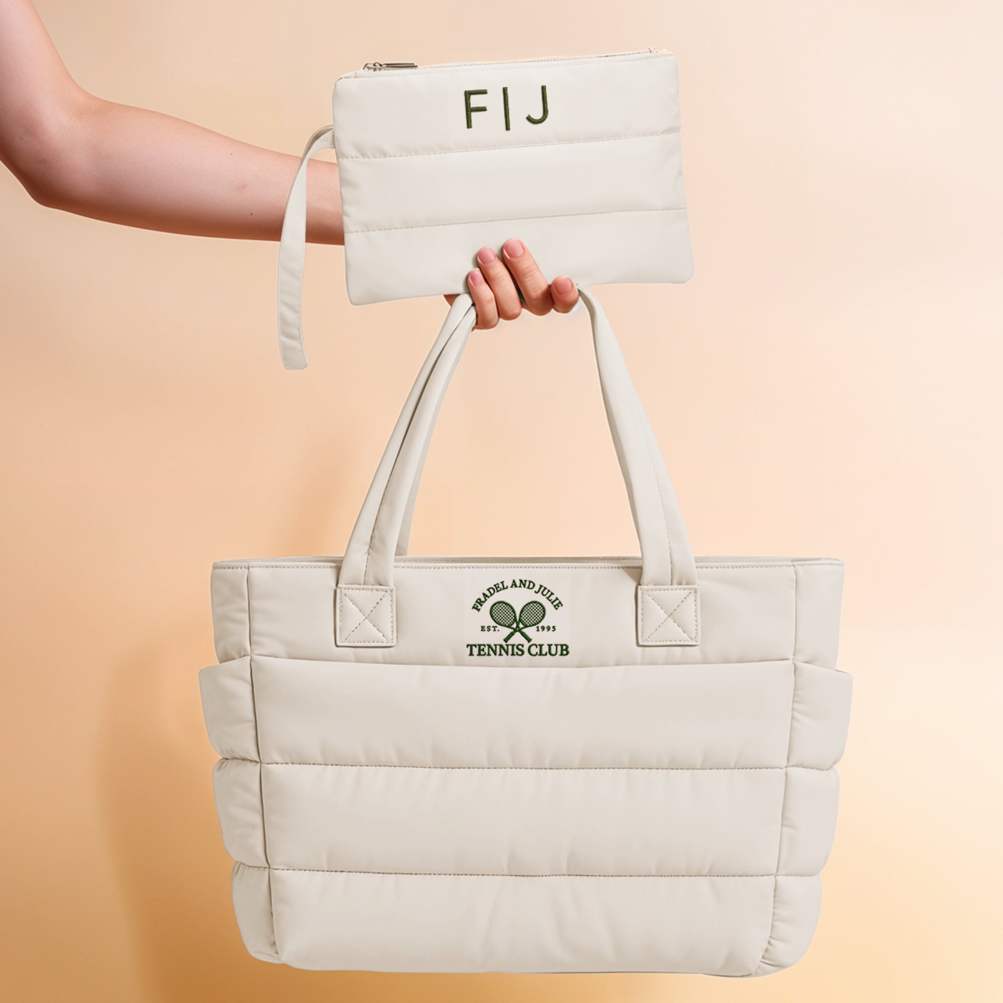 Custom Embroidered Quilted Tote &amp; Pouch Set, Personalised Travel/ Gym School Shoulder Puffer Bag, Bridesmaid, Mom, Xmas Logo Corporate Gift