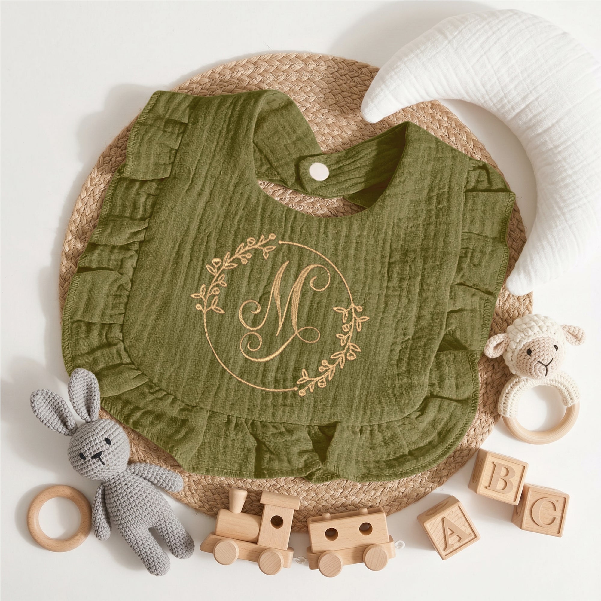 Custom Embroidered Ruffle Trim Muslin Baby Bandana Bib, Personalised Drool Burp Cloth, First Birthday Infant Newborn Shower Christening Gift