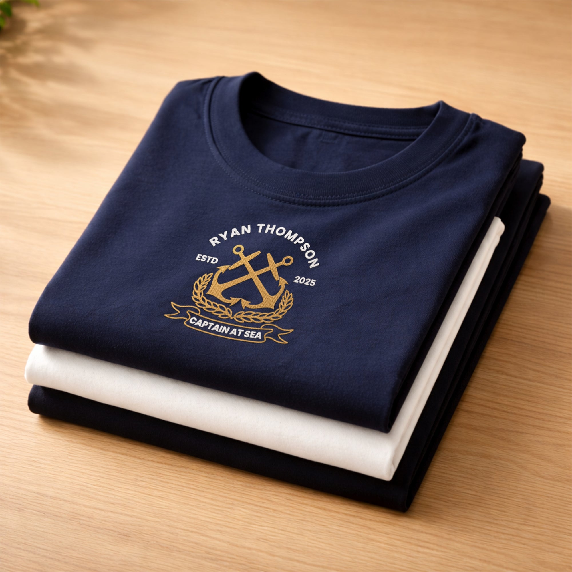 Custom Embroidered Unisex Captain Sailing T-shirt, Personalised Family Nautical Logo Adult, Kid Travel Boat Yachting Crewneck Party Tee Gift