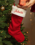 Custom Embroidered Velvet Red & White Fur Christmas Stocking, Personalised Xmas Tree Present Sock, Santa Holiday Decor, Family Kid Gift Bag