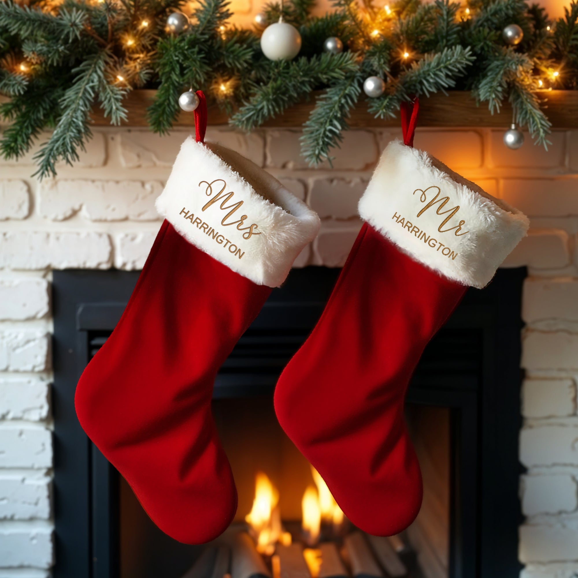 Custom Embroidered Velvet Red & White Fur Christmas Stocking, Personalised Xmas Tree Present Sock, Santa Holiday Decor, Family Kid Gift Bag