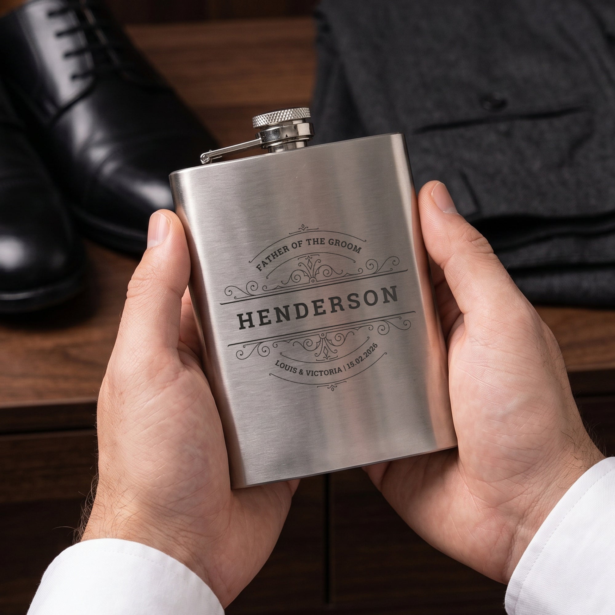 Custom Engraved 7oz Hip Flask Gift Set - Shot Glasses &amp; Funnel | Personalised Logo Groomsmen, Birthday, Father's Day, Corporate Keepsake Box