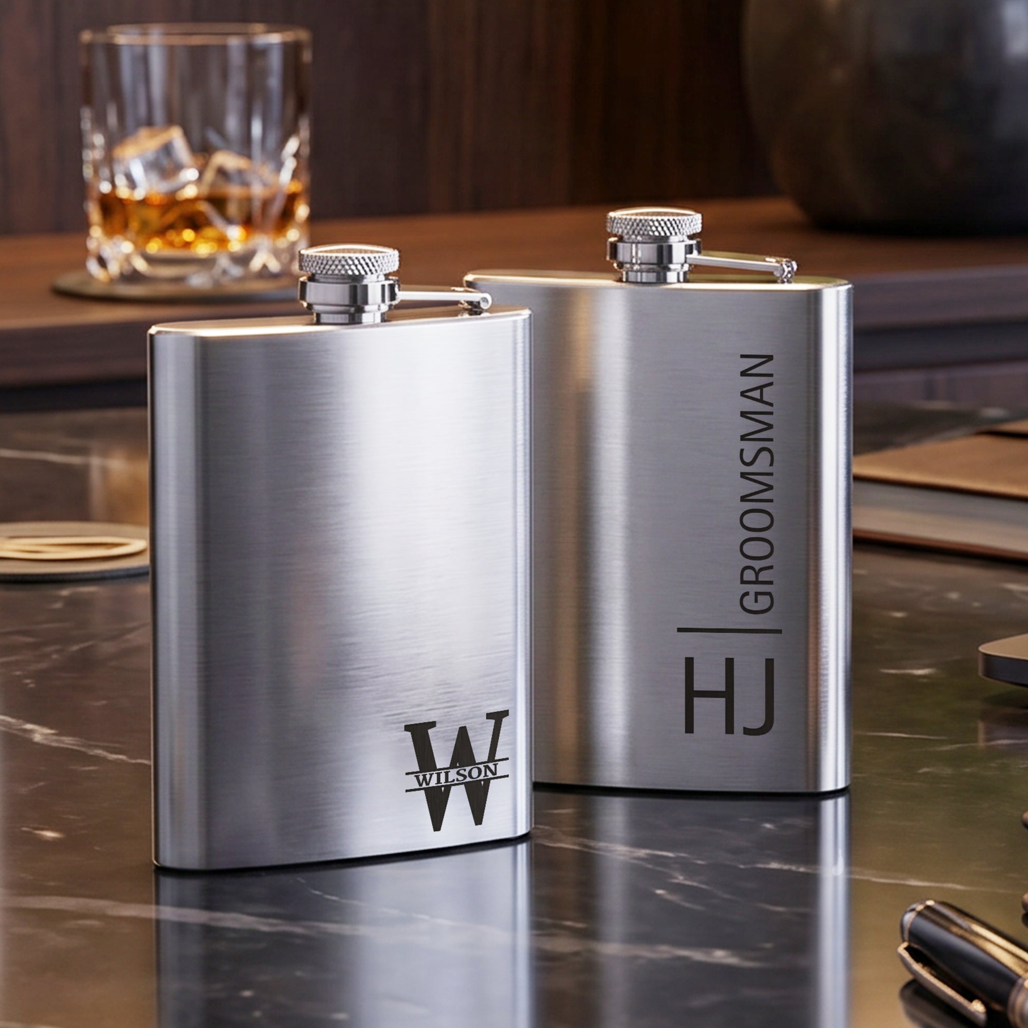 Custom Engraved 7oz Hip Flask Gift Set - Shot Glasses &amp; Funnel | Personalised Logo Groomsmen, Birthday, Father's Day, Corporate Keepsake Box