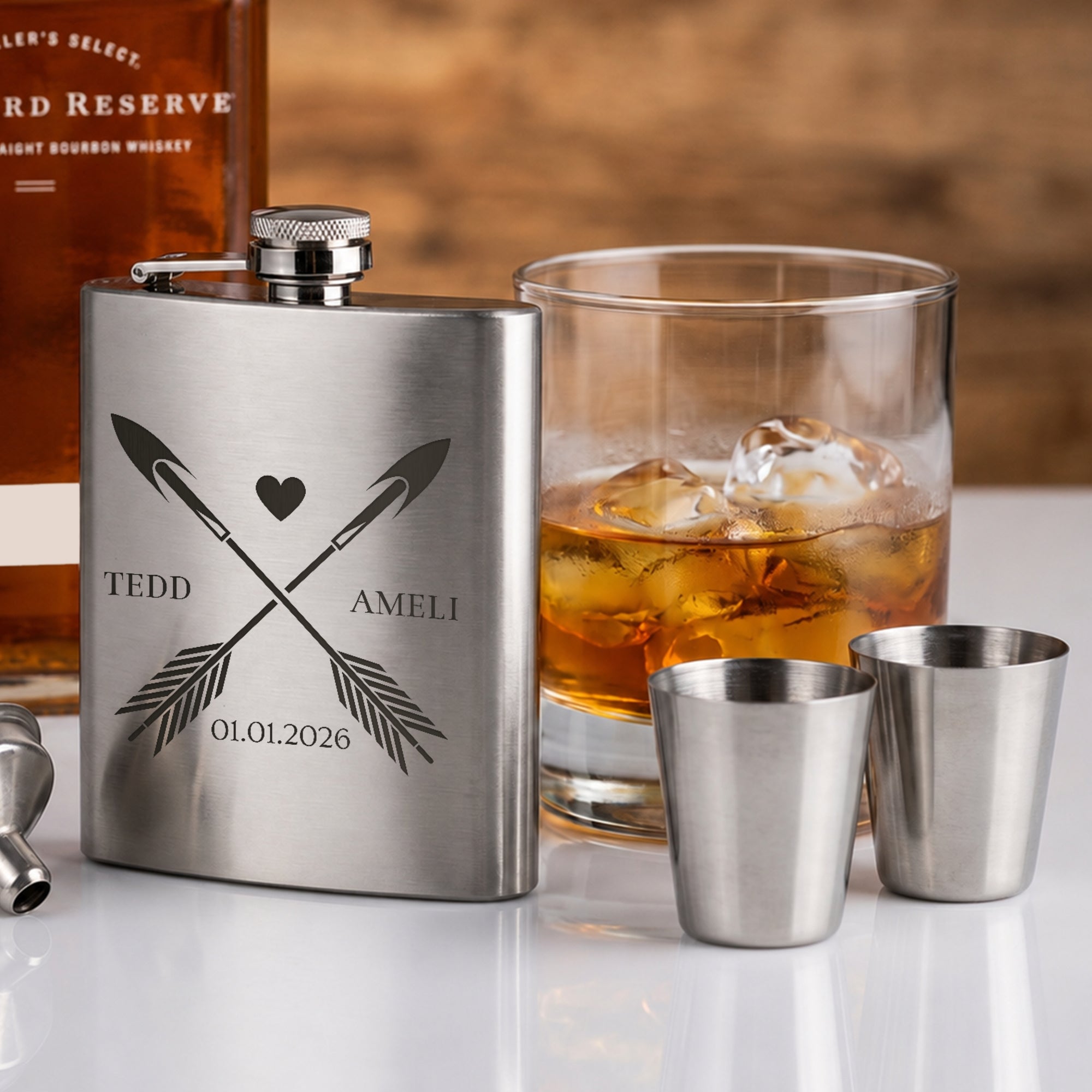 Custom Engraved 7oz Hip Flask Gift Set - Shot Glasses &amp; Funnel | Personalised in Australia with Logo, Groomsmen, Birthday, Father's Day, Corporate Keepsake Box