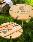 Custom Engraved Assemble Round Bamboo Stake Picnic Table, 6 Wine Glasses Holder & Cheese Knives Set, Personalised Wedding, Housewarming Gift