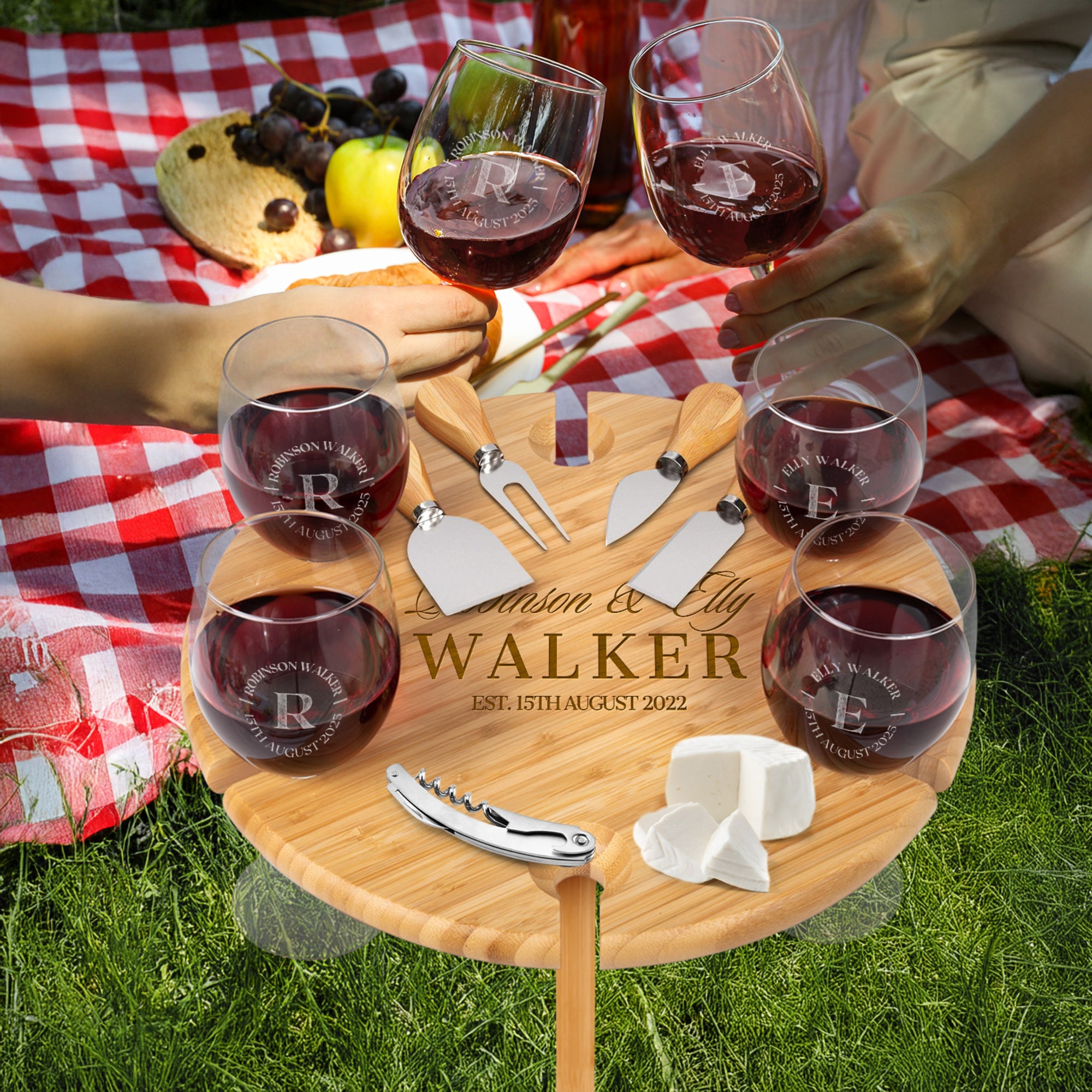 Custom Engraved Assemble Round Bamboo Stake Picnic Table, 6 Wine Glasses Holder & Cheese Knives Set, Personalised Wedding, Housewarming Gift
