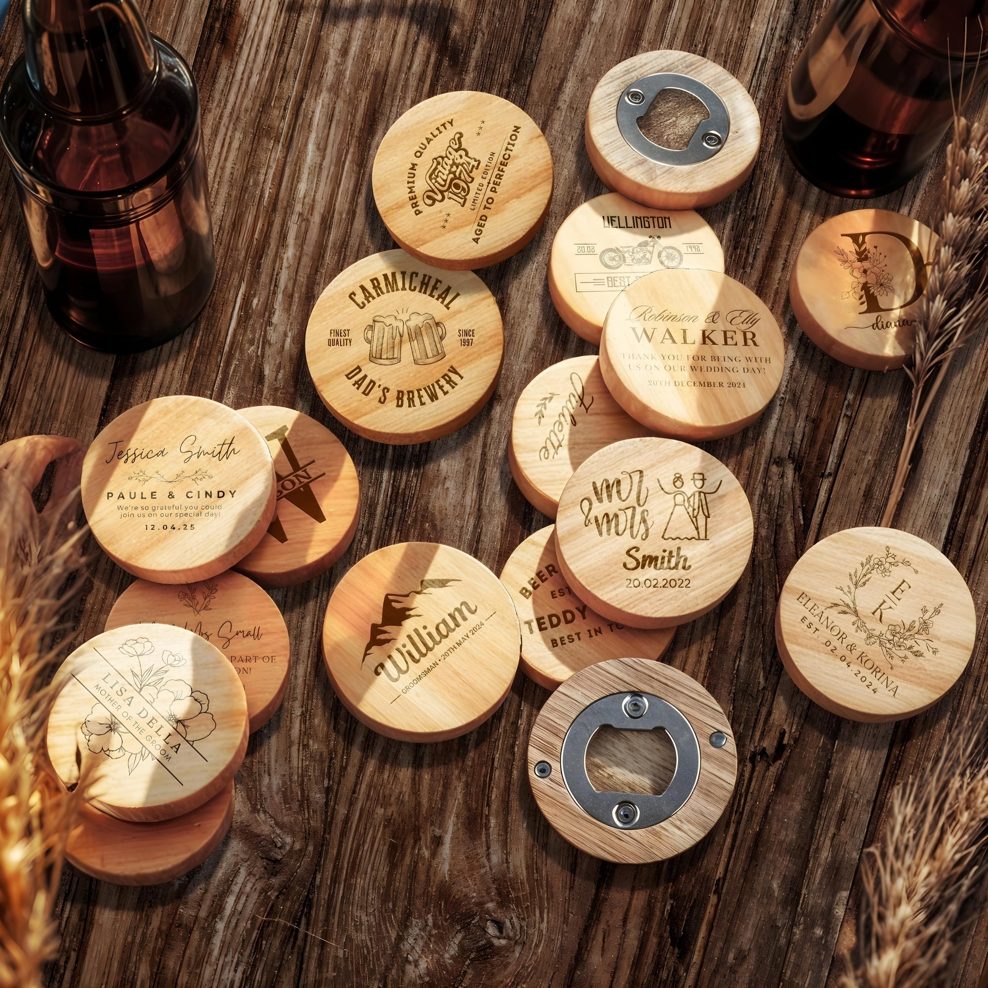 Custom Engraved Bamboo Magnetic Fridge Opener, Personalised Logo Wooden Drink Mat/ Coaster, Wedding Favour/ Housewarming Xmas Corporate Gift