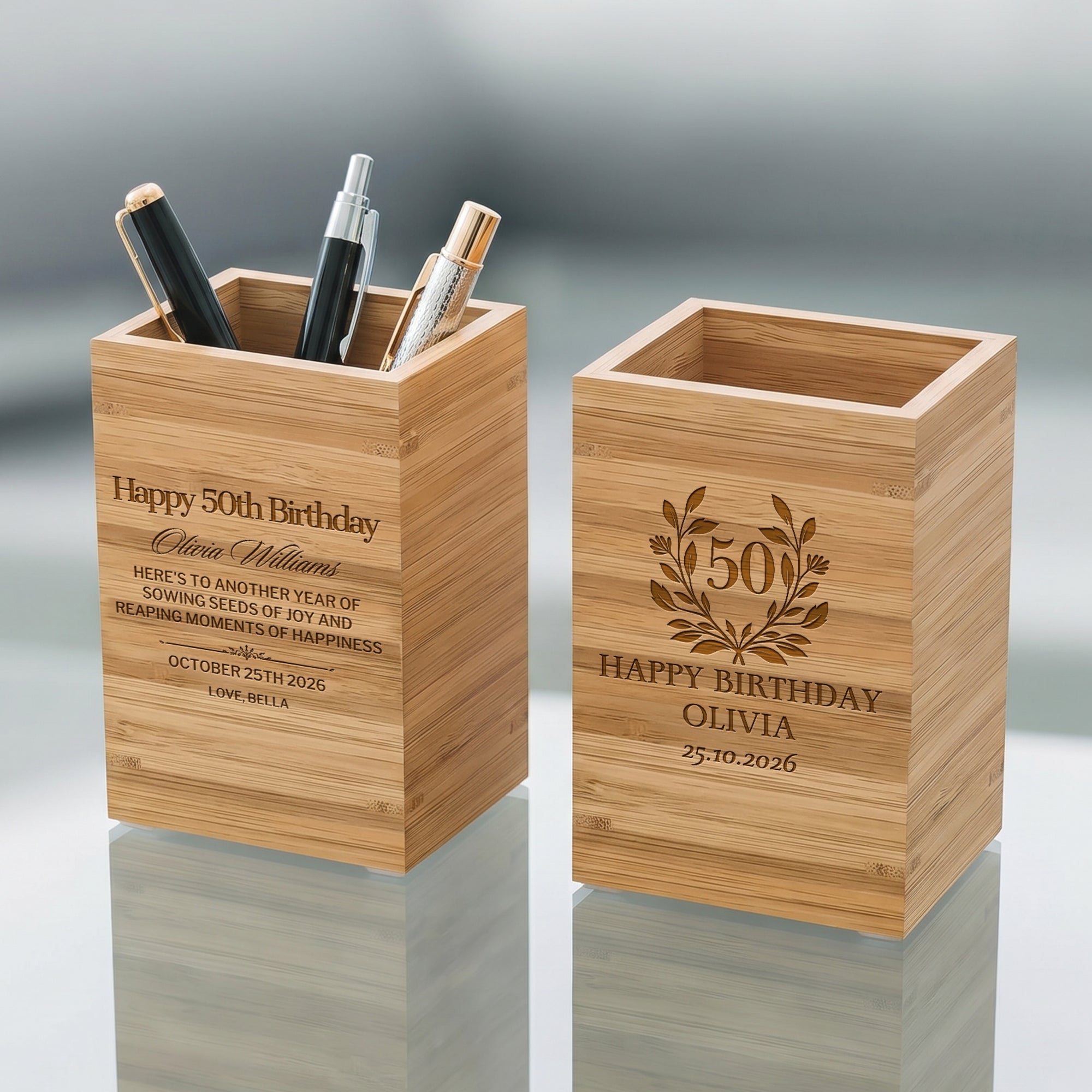 Custom Engraved Bamboo Pen Holder, Personalised Desk Organiser, Home Decor Office Accessory, Birthday Housewarming, Graduation, Teacher Gift