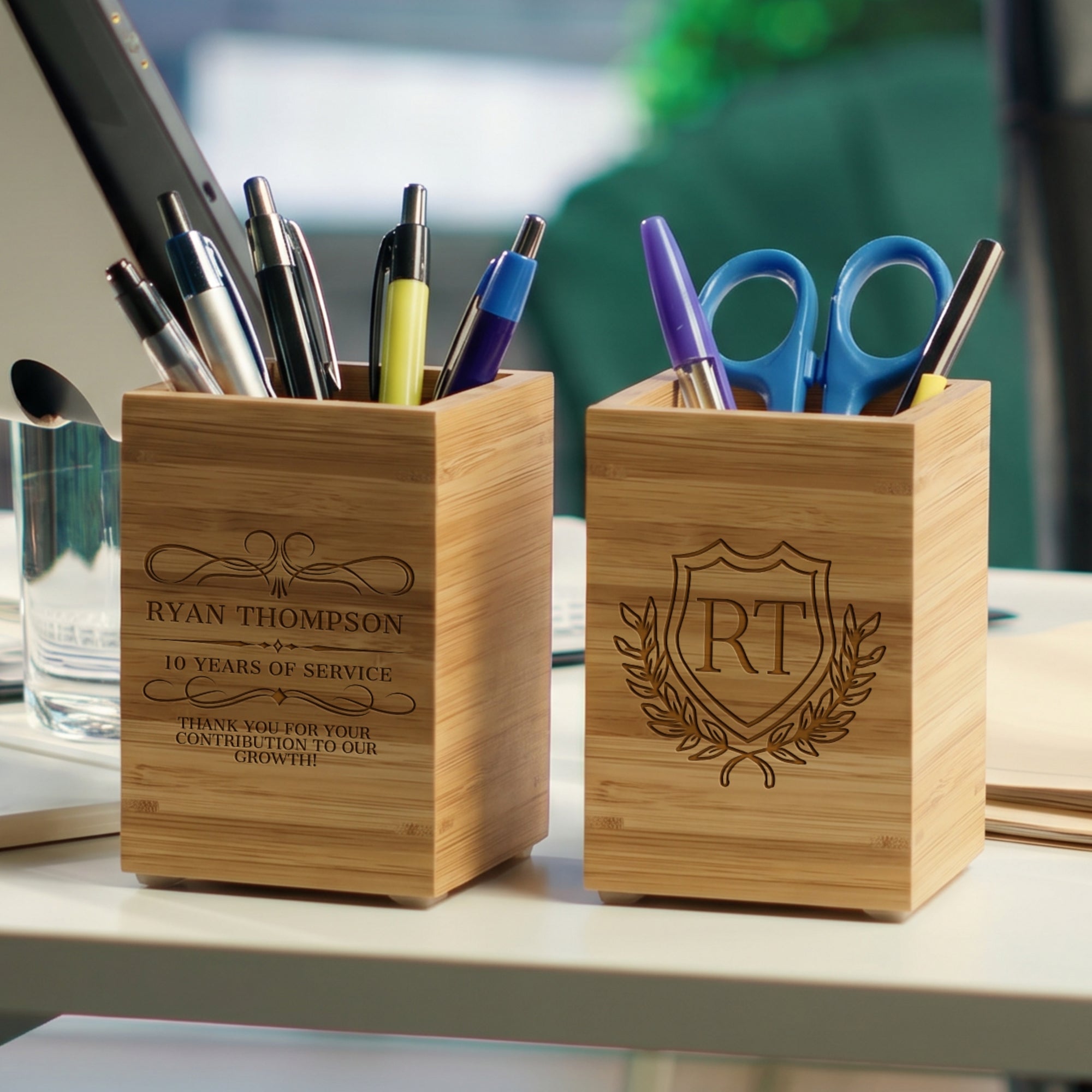 Custom Engraved Bamboo Pen Holder, Personalised Desk Organiser, Home Decor Office Accessory, Birthday Housewarming, Graduation, Teacher Gift