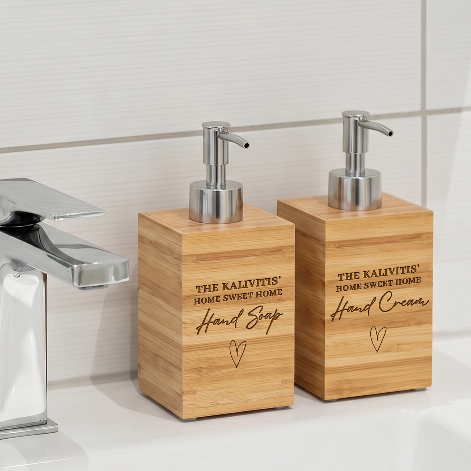 Custom Engraved Bamboo Soap Dispenser &amp; Toothbrush Holder, Personalised Bathroom Refillable Hand Bottle, Housewarming Gift Airbnb Home Décor