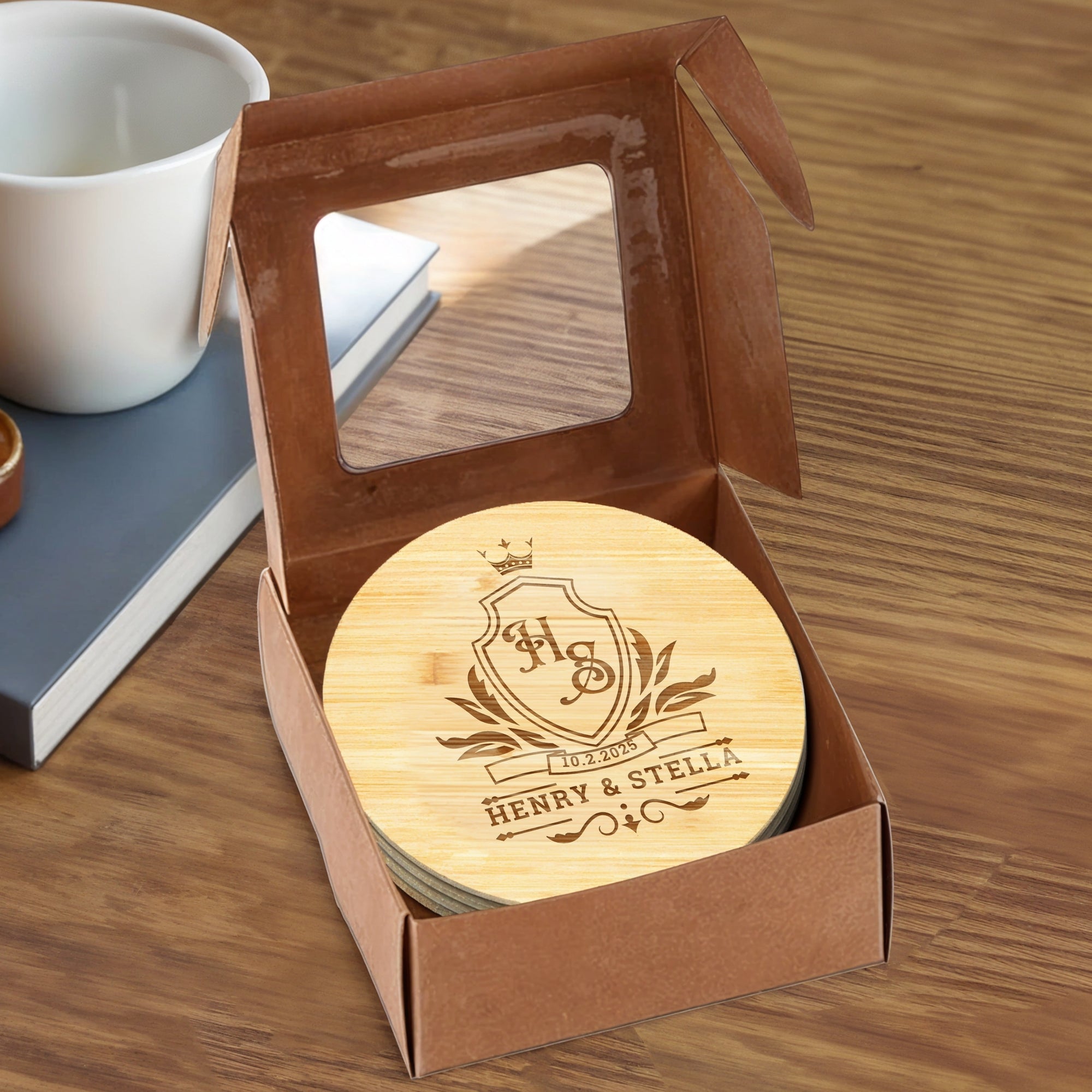 Custom Engraved Wooden Coaster Gift Set, Personalised Drink Mat, Restaurant, Wedding Favour, Birthday Christmas, Corporate Housewarming Gift