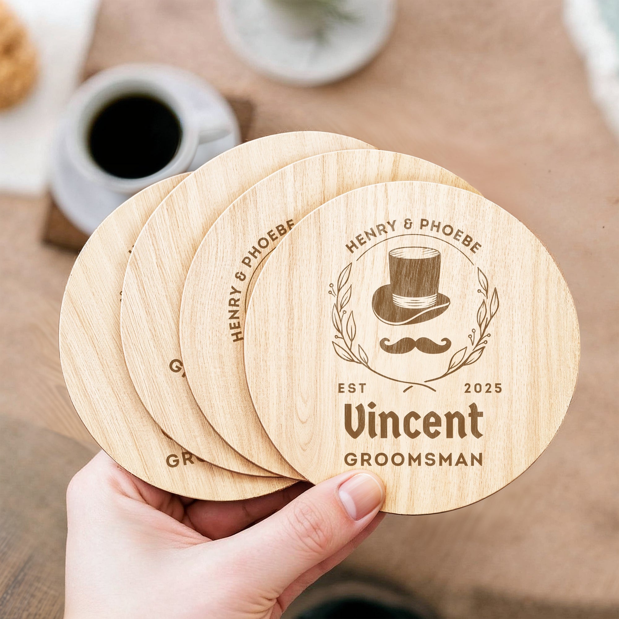 Custom Engraved Wooden Coaster Gift Set, Personalised Drink Mat, Restaurant, Wedding Favour, Birthday Christmas, Corporate Housewarming Gift