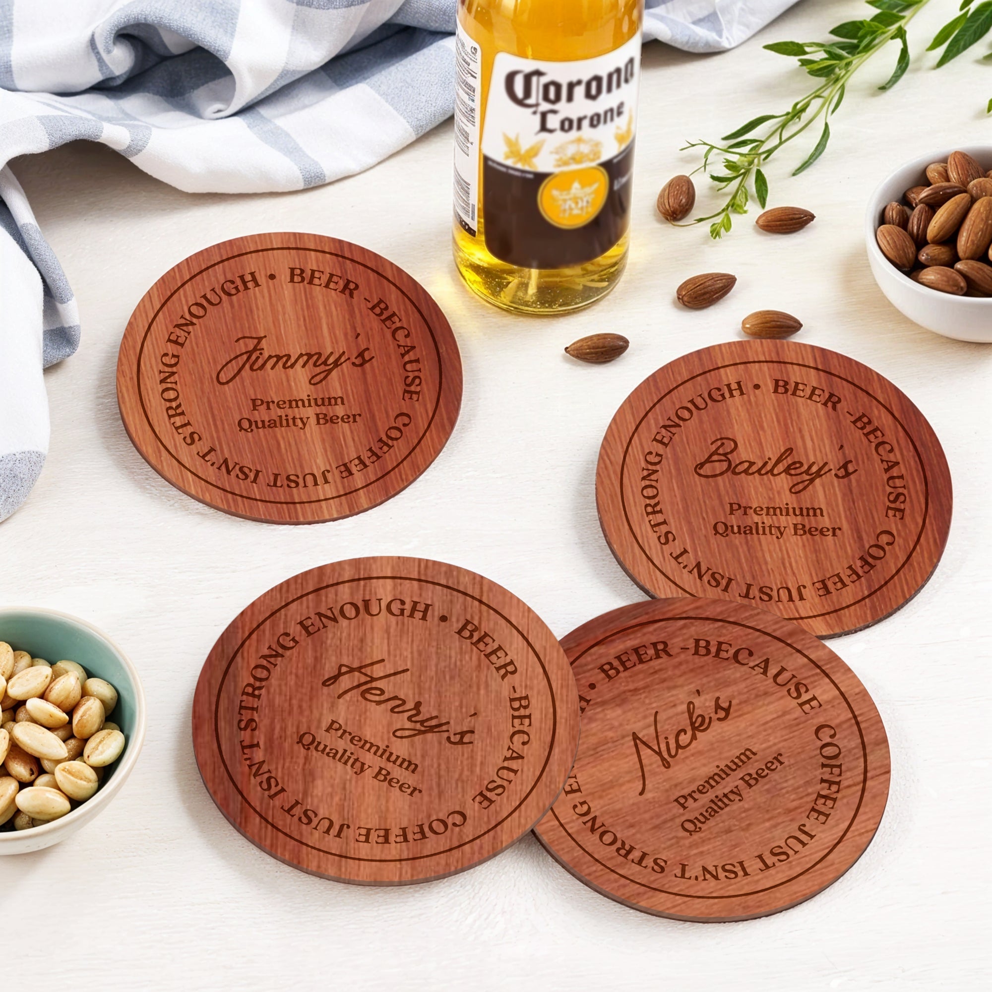 Custom Engraved Wooden Coaster Gift Set, Personalised Drink Mat, Restaurant, Wedding Favour, Birthday Christmas, Corporate Housewarming Gift