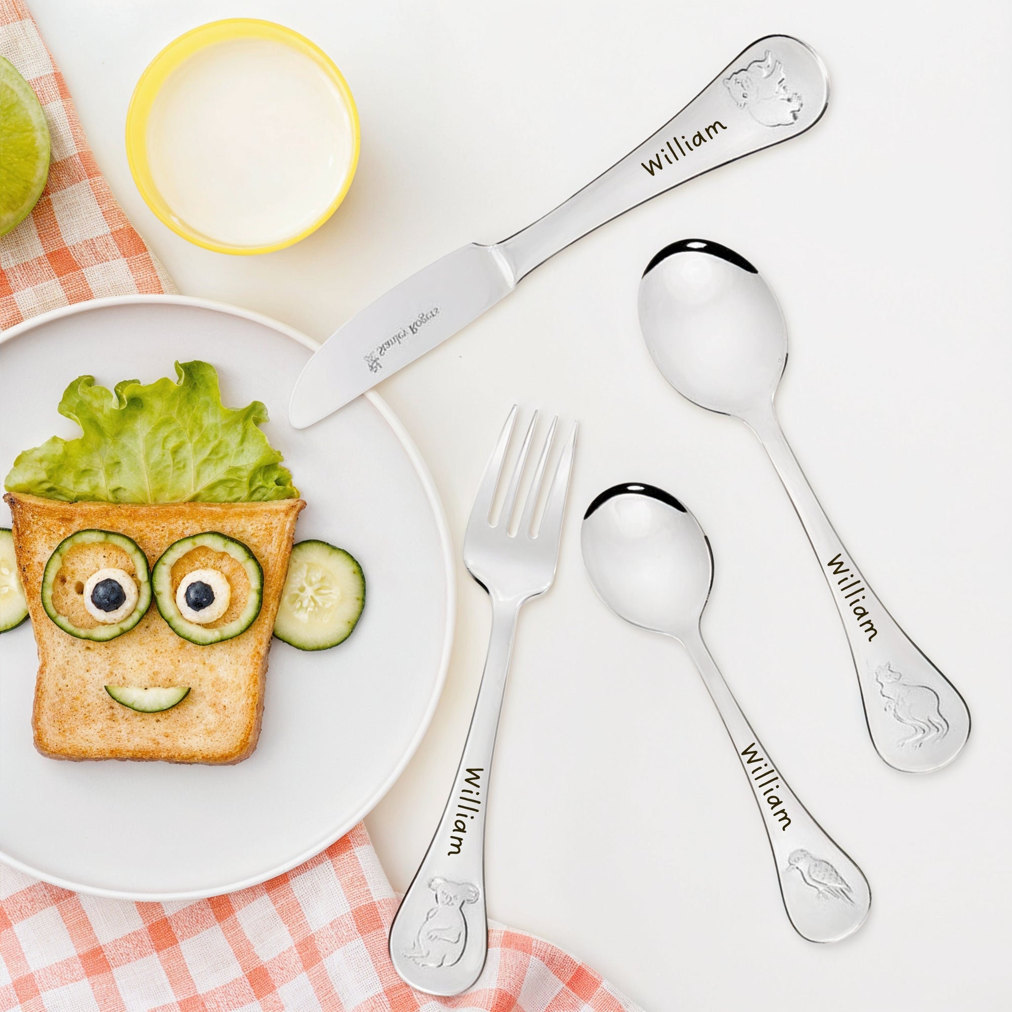 Custom Engraved Kid&#39;s Cutlery 4 Piece Set, Personalised Children Name Australian Animals Dining Tools, Utensils, First Birthday Baptism Gift