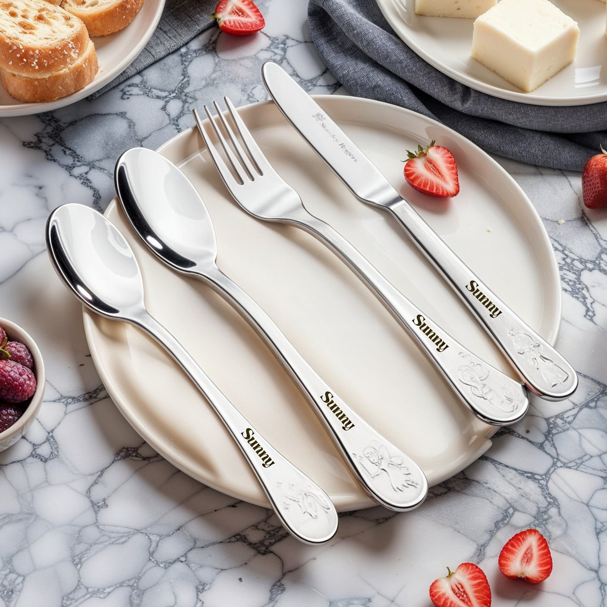 Custom Engraved Kid&#39;s Cutlery 4 Piece Set, Personalised Children Name Fairy Tale Dining Tools, Daycare Utensils, First Birthday Baptism Gift