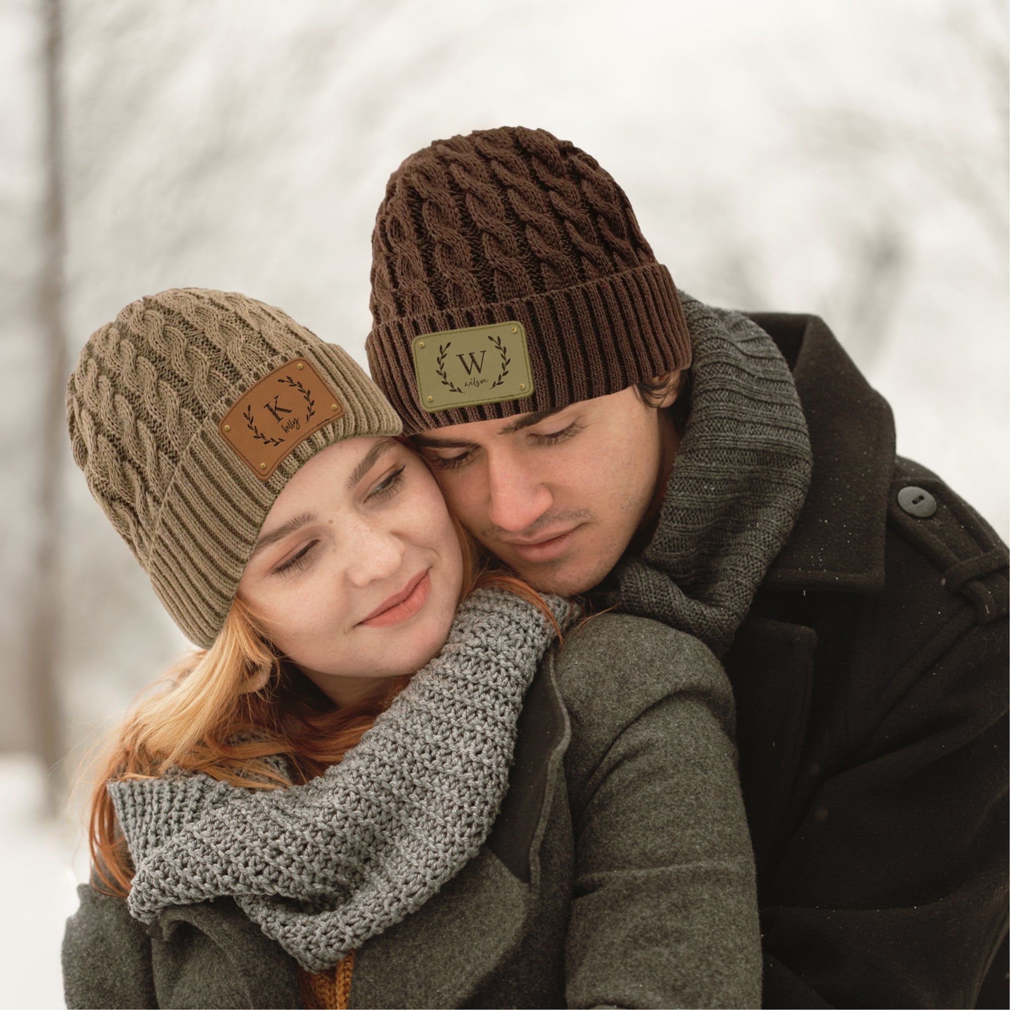 Custom Engraved Leatherette Patch Beanie, Personalised Logo Unisex Travel Hiking Hat, Warm Woven Knit Winter Cap, Dad Mom, Corporate Gift